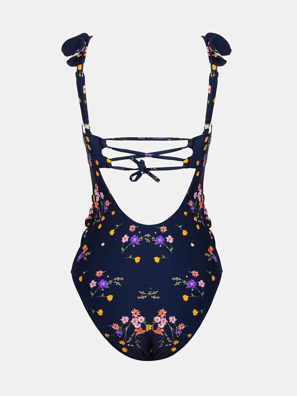 imageCUPSHE Women Swimsuit Maternity One Piece Bathing Suit Deep V Neck Ruffle Back Tie Ruching Adjustable Straps SwimwearDark BlueFloral