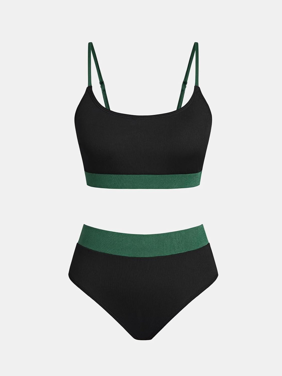 imageCUPSHE Womens Bikini Set Two Piece Swimsuits High Waisted Scoop Neck Spaghetti Adjustable Straps TexturedBlackDark Green