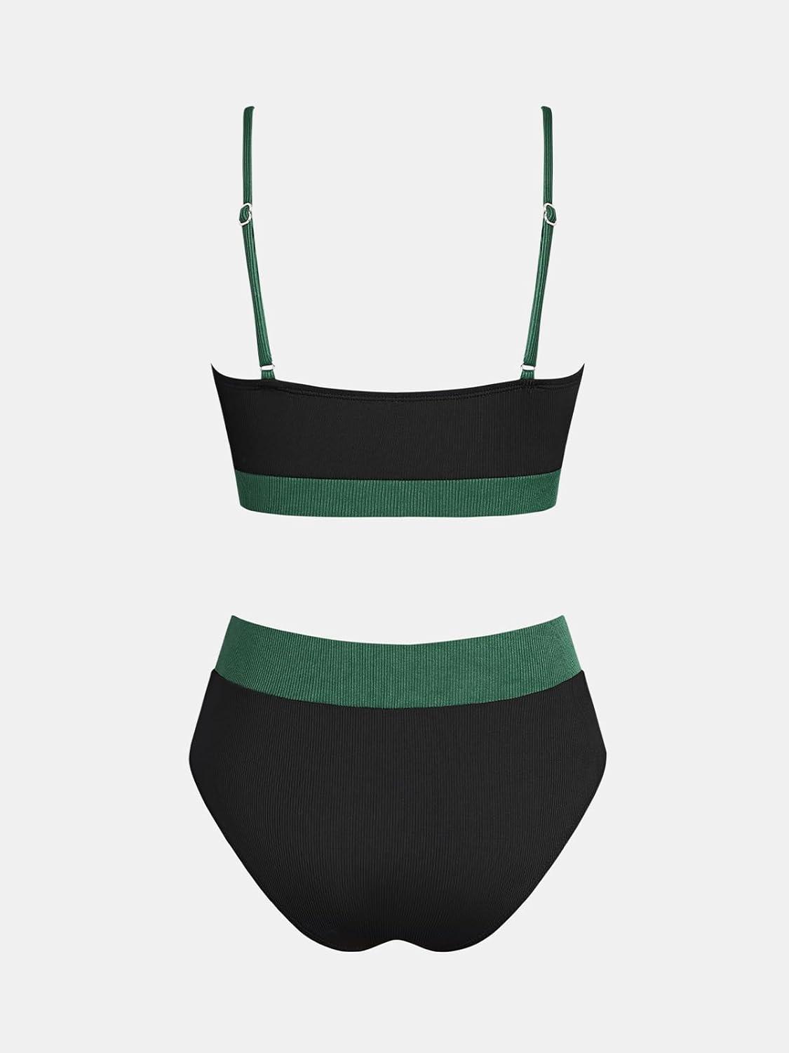 imageCUPSHE Womens Bikini Set Two Piece Swimsuits High Waisted Scoop Neck Spaghetti Adjustable Straps TexturedBlackDark Green