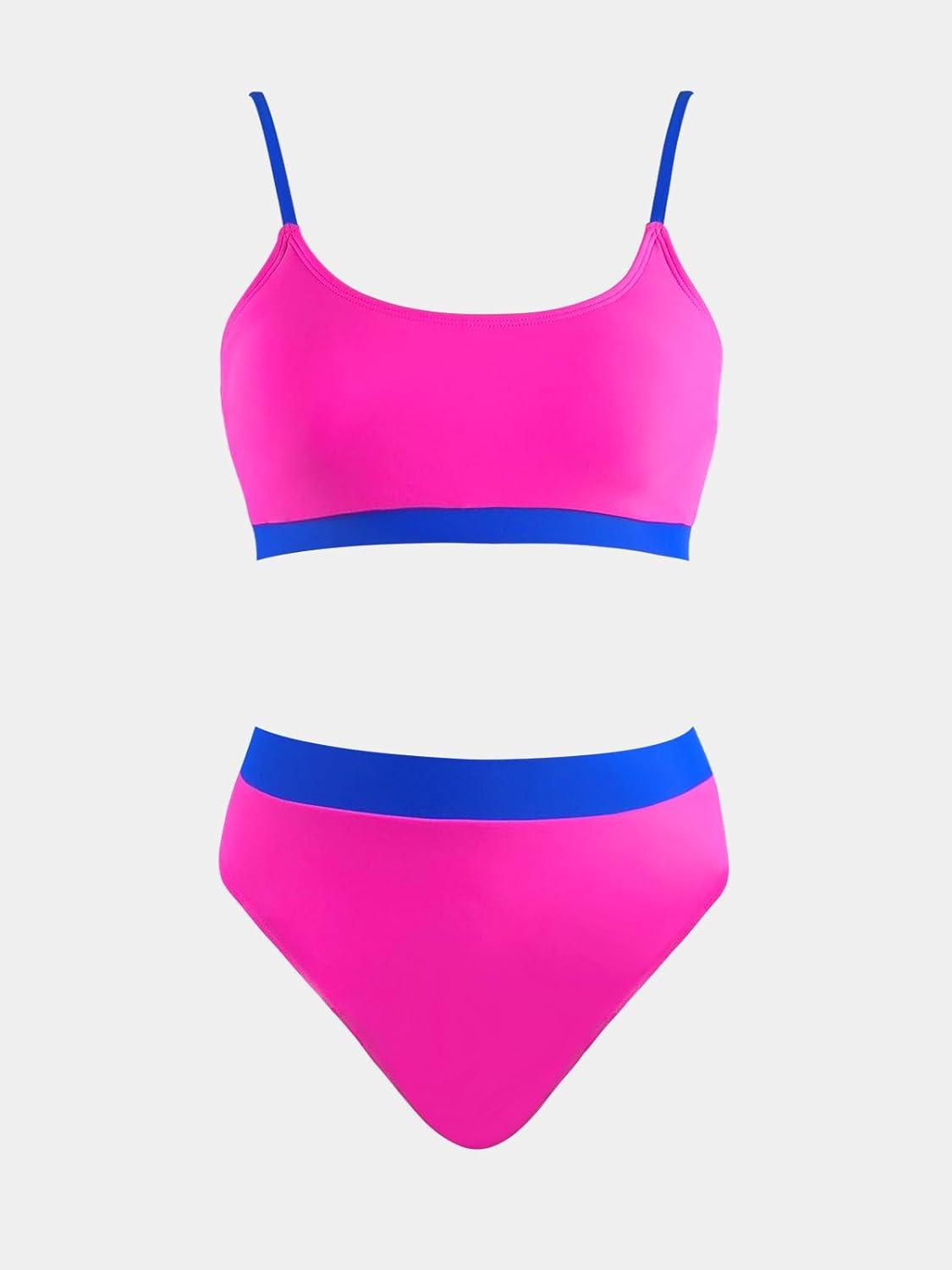 imageCUPSHE Womens Bikini Set Two Piece Swimsuits High Waisted Scoop Neck Spaghetti Adjustable Straps TexturedBlueMagenta