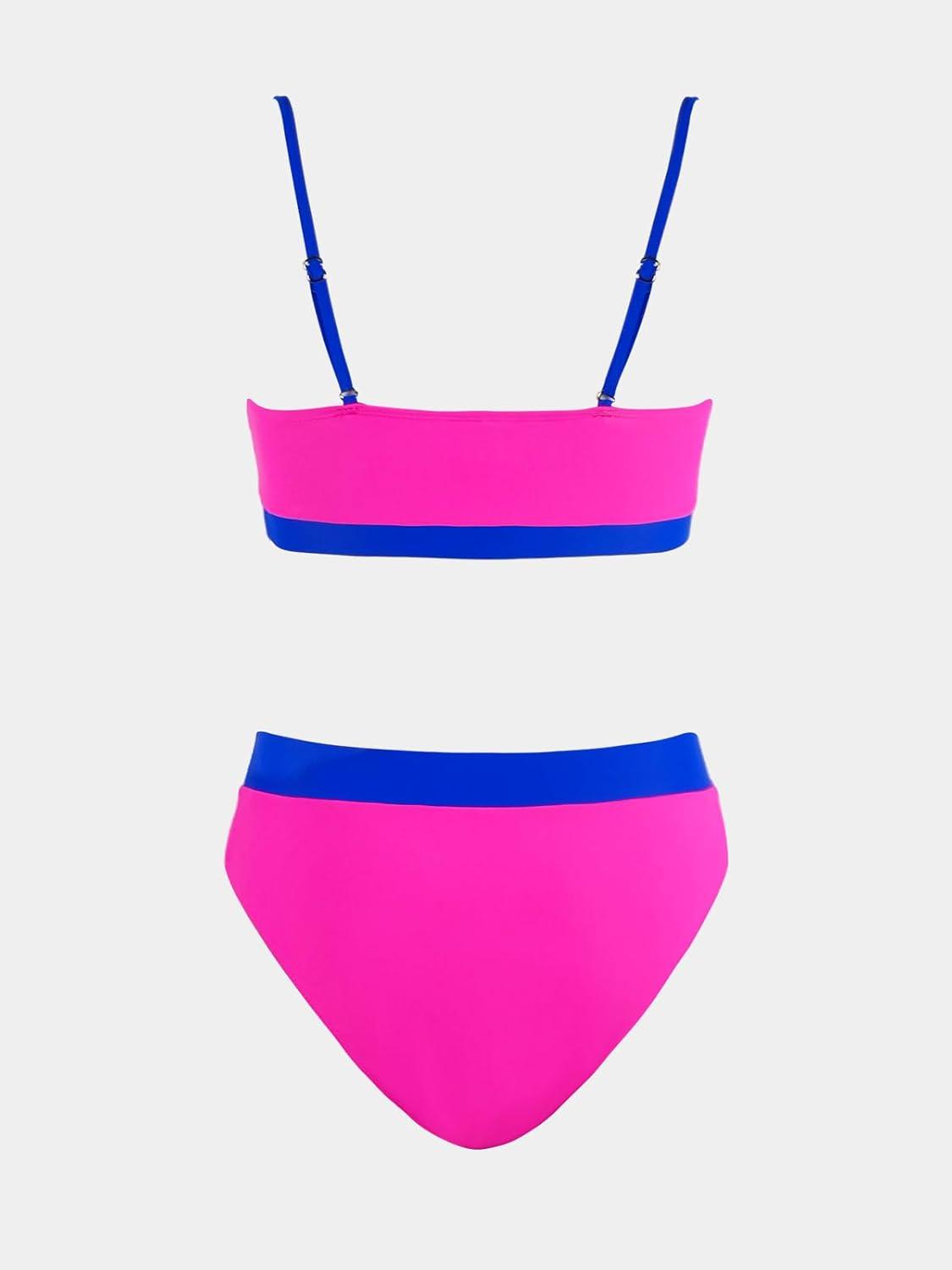 imageCUPSHE Womens Bikini Set Two Piece Swimsuits High Waisted Scoop Neck Spaghetti Adjustable Straps TexturedBlueMagenta