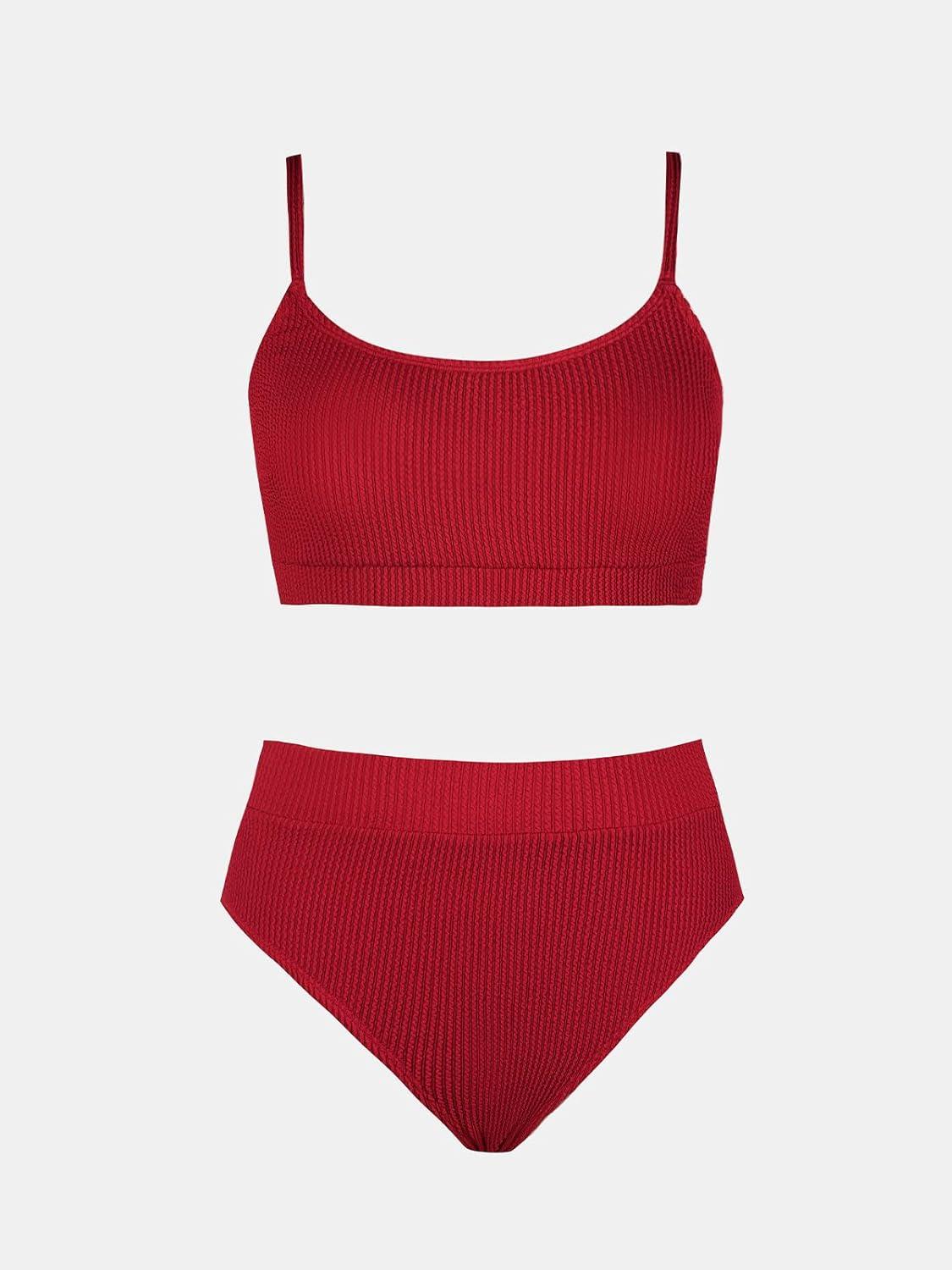 imageCUPSHE Womens Bikini Set Two Piece Swimsuits High Waisted Scoop Neck Spaghetti Adjustable Straps TexturedBurgundy