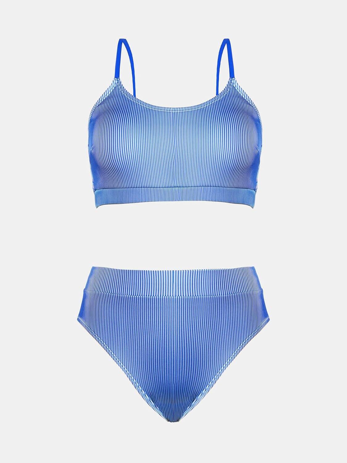imageCUPSHE Womens Bikini Set Two Piece Swimsuits High Waisted Scoop Neck Spaghetti Adjustable Straps TexturedDark Royal Blue
