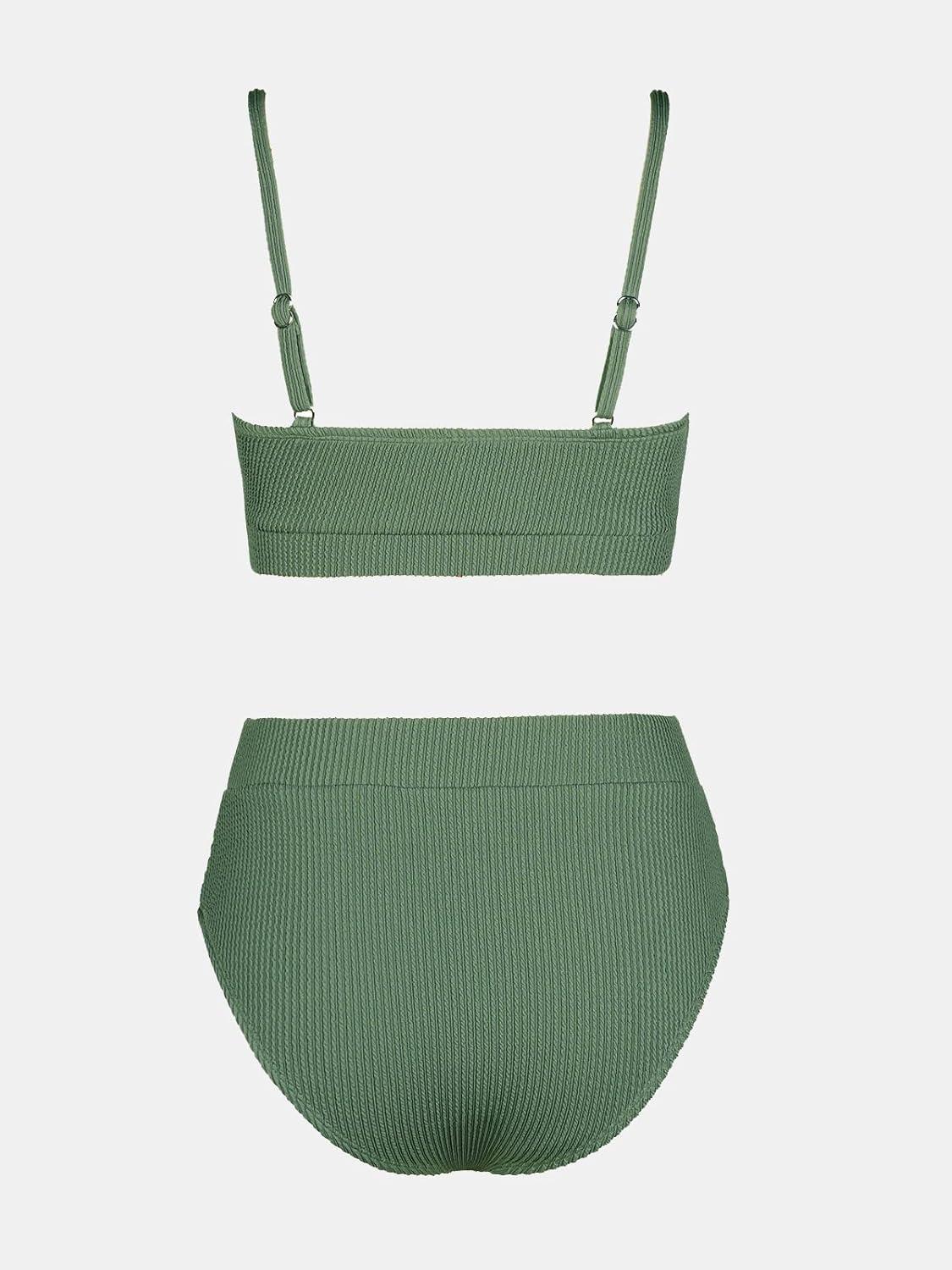 imageCUPSHE Womens Bikini Set Two Piece Swimsuits High Waisted Scoop Neck Spaghetti Adjustable Straps TexturedOlive Green