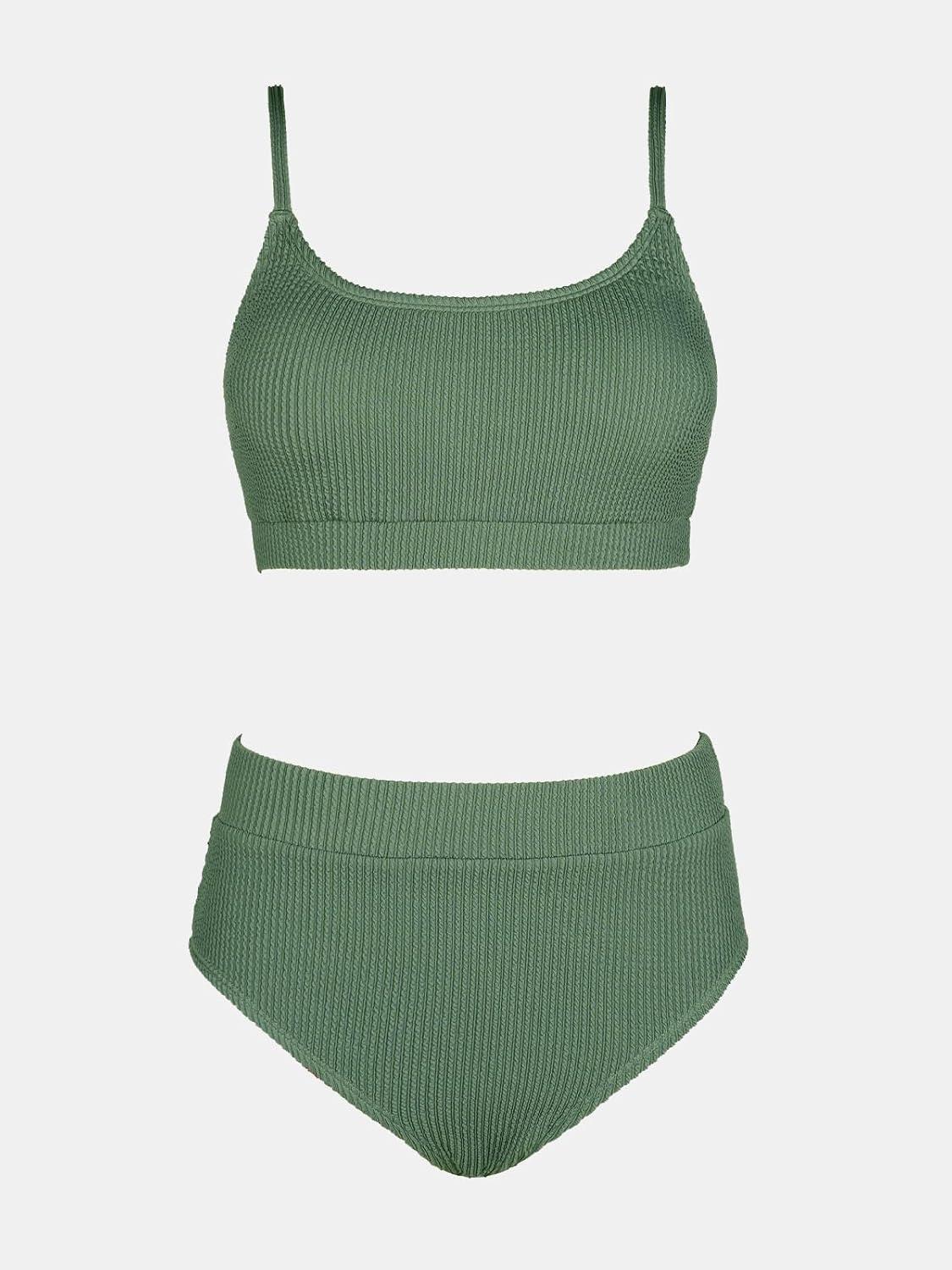 imageCUPSHE Womens Bikini Set Two Piece Swimsuits High Waisted Scoop Neck Spaghetti Adjustable Straps TexturedOlive Green