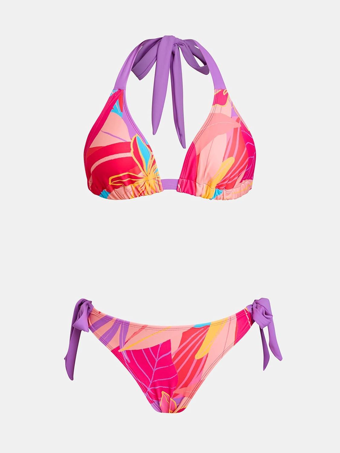 imageCUPSHE Womens Bikini Set Two Piece Swimsuits V Neck Halter Strap Back Hook Bathing Suit Mid Rise Side Tie SwimwearPinkPurple Tropical