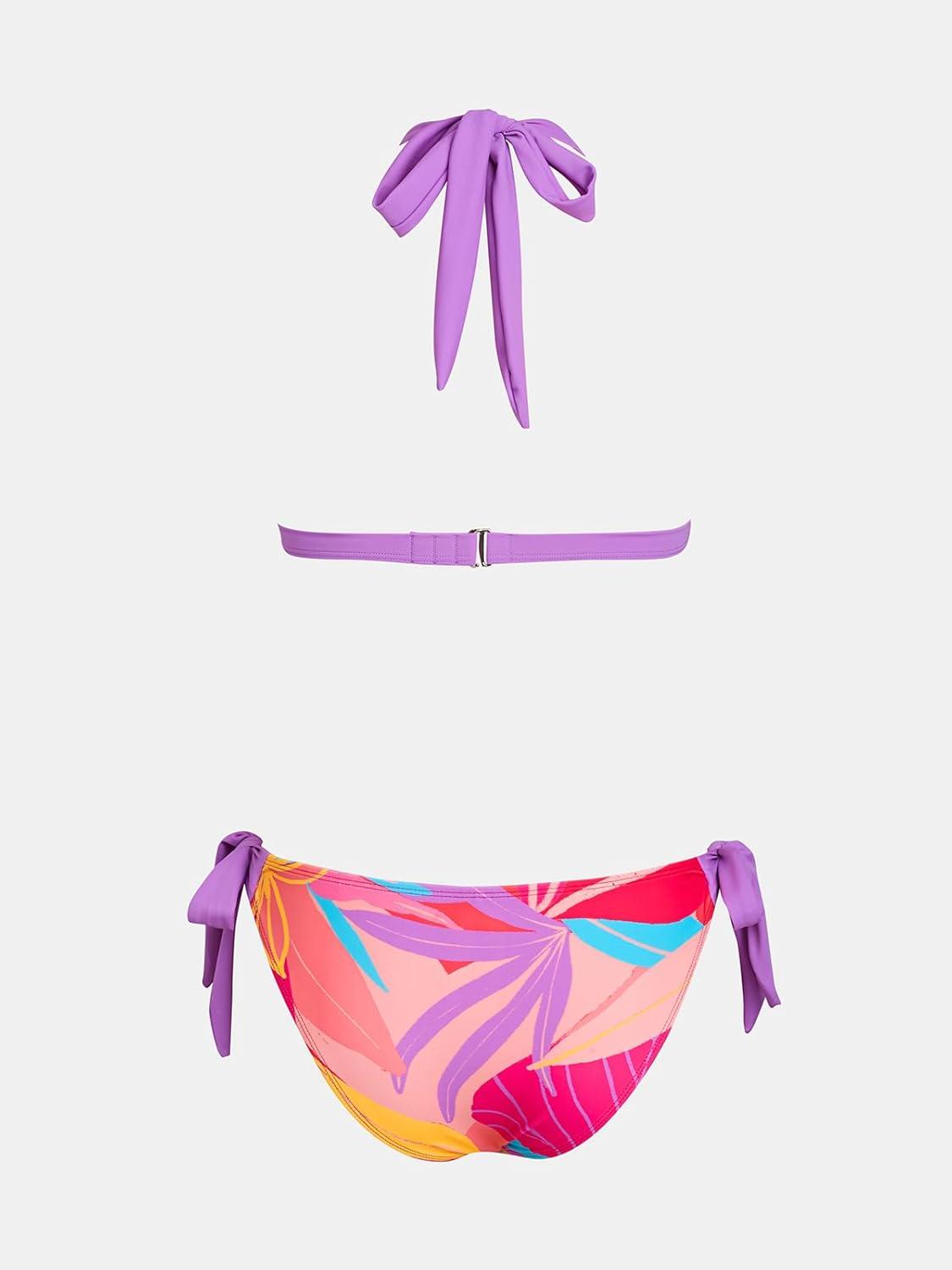 imageCUPSHE Womens Bikini Set Two Piece Swimsuits V Neck Halter Strap Back Hook Bathing Suit Mid Rise Side Tie SwimwearPinkPurple Tropical