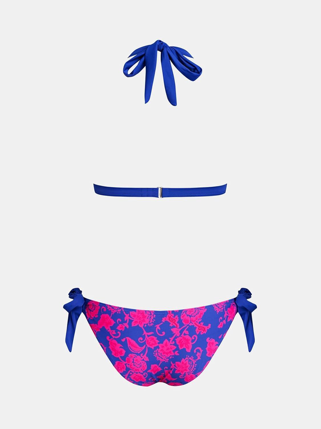 imageCUPSHE Womens Bikini Set Two Piece Swimsuits V Neck Halter Strap Back Hook Bathing Suit Mid Rise Side Tie SwimwearPurpleMagenta Floral