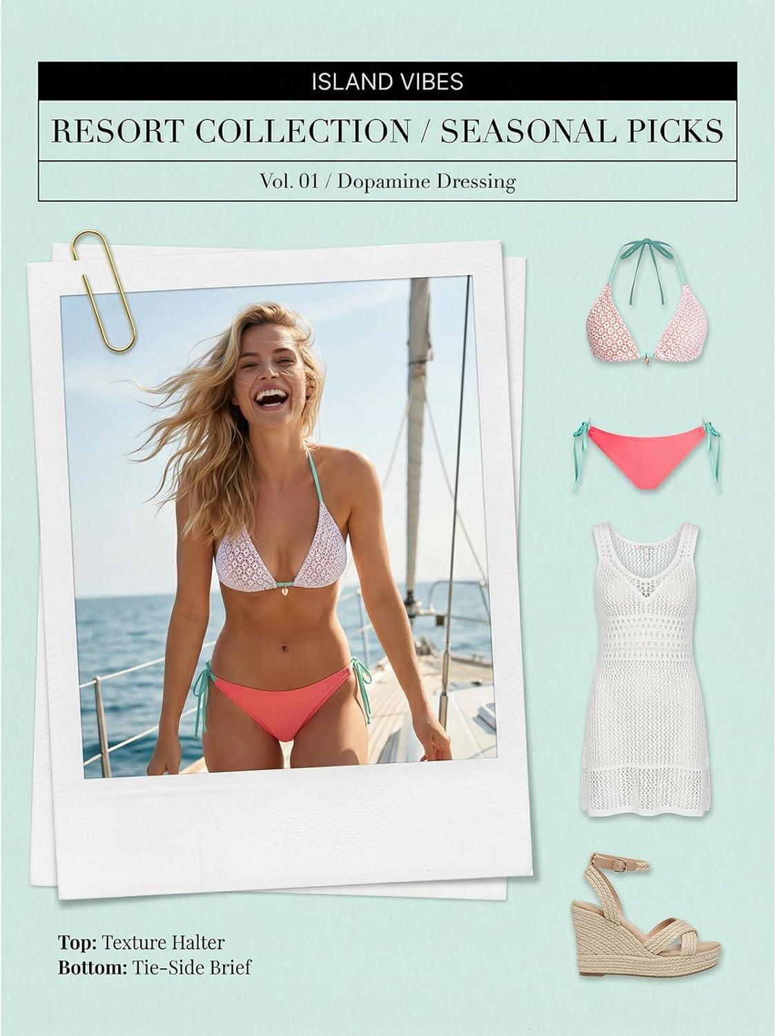 imageCUPSHE Womens Bikini Sets Halter V Neck Two Piece Swimsuits Adjustable Self Tie Straps Drawstring Swimwear CheekyPinkSky Blue