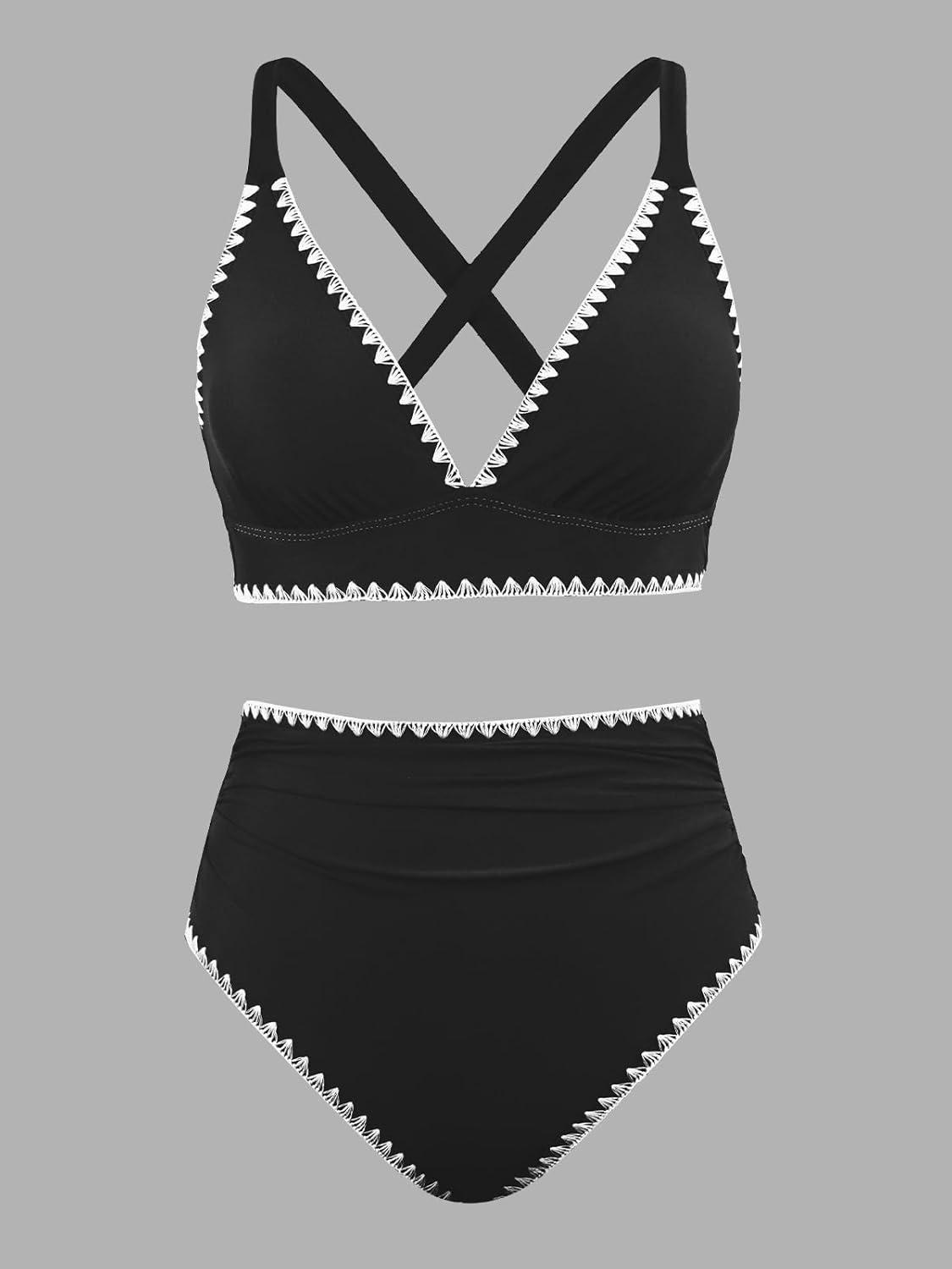 imageCUPSHE Womens Bikini Sets High Waisted Swimsuit Deep V Neck Crisscross Back Tie Stitching Ruched Full CoverageBlack