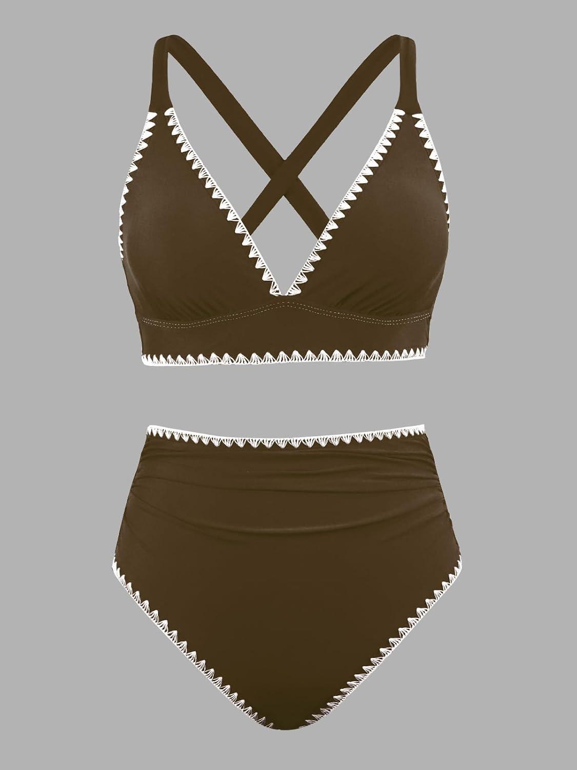imageCUPSHE Womens Bikini Sets High Waisted Swimsuit Deep V Neck Crisscross Back Tie Stitching Ruched Full CoverageBrown