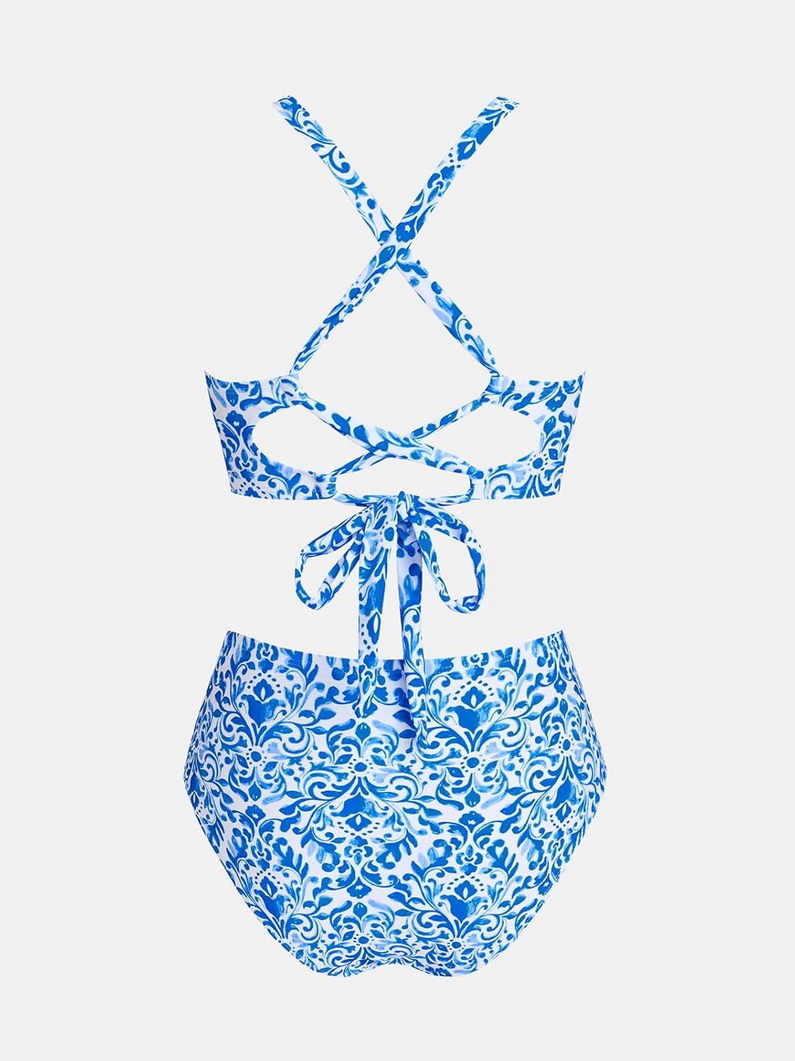 imageCUPSHE Womens Bikini Sets High Waisted Swimsuit Deep V Neck Crisscross Back Tie Stitching Ruched Full CoverageWhiteBlue Floral