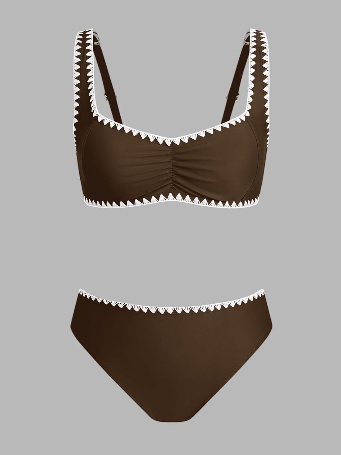 imageCUPSHE Womens Bikini Sets Sweetheart Neck Adjustable Wide Straps Swimsuit Stitching Bathing Suit Mid RiseBrown