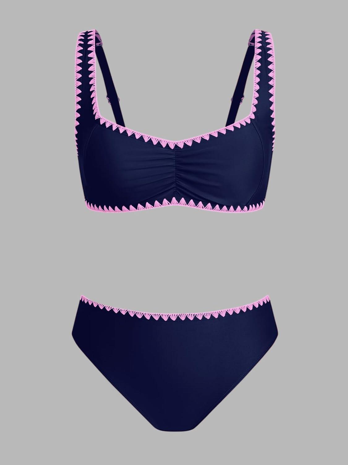 imageCUPSHE Womens Bikini Sets Sweetheart Neck Adjustable Wide Straps Swimsuit Stitching Bathing Suit Mid RiseNavy Blue