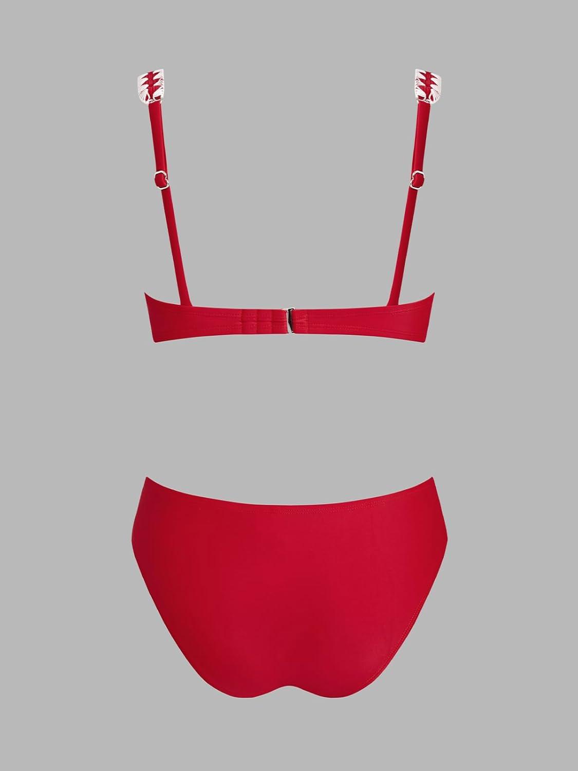 imageCUPSHE Womens Bikini Sets Sweetheart Neck Adjustable Wide Straps Swimsuit Stitching Bathing Suit Mid RiseRed