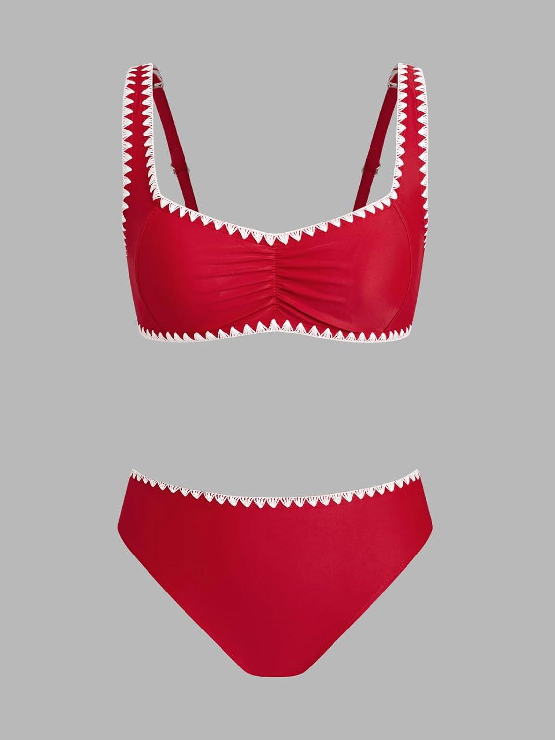 imageCUPSHE Womens Bikini Sets Sweetheart Neck Adjustable Wide Straps Swimsuit Stitching Bathing Suit Mid RiseRed