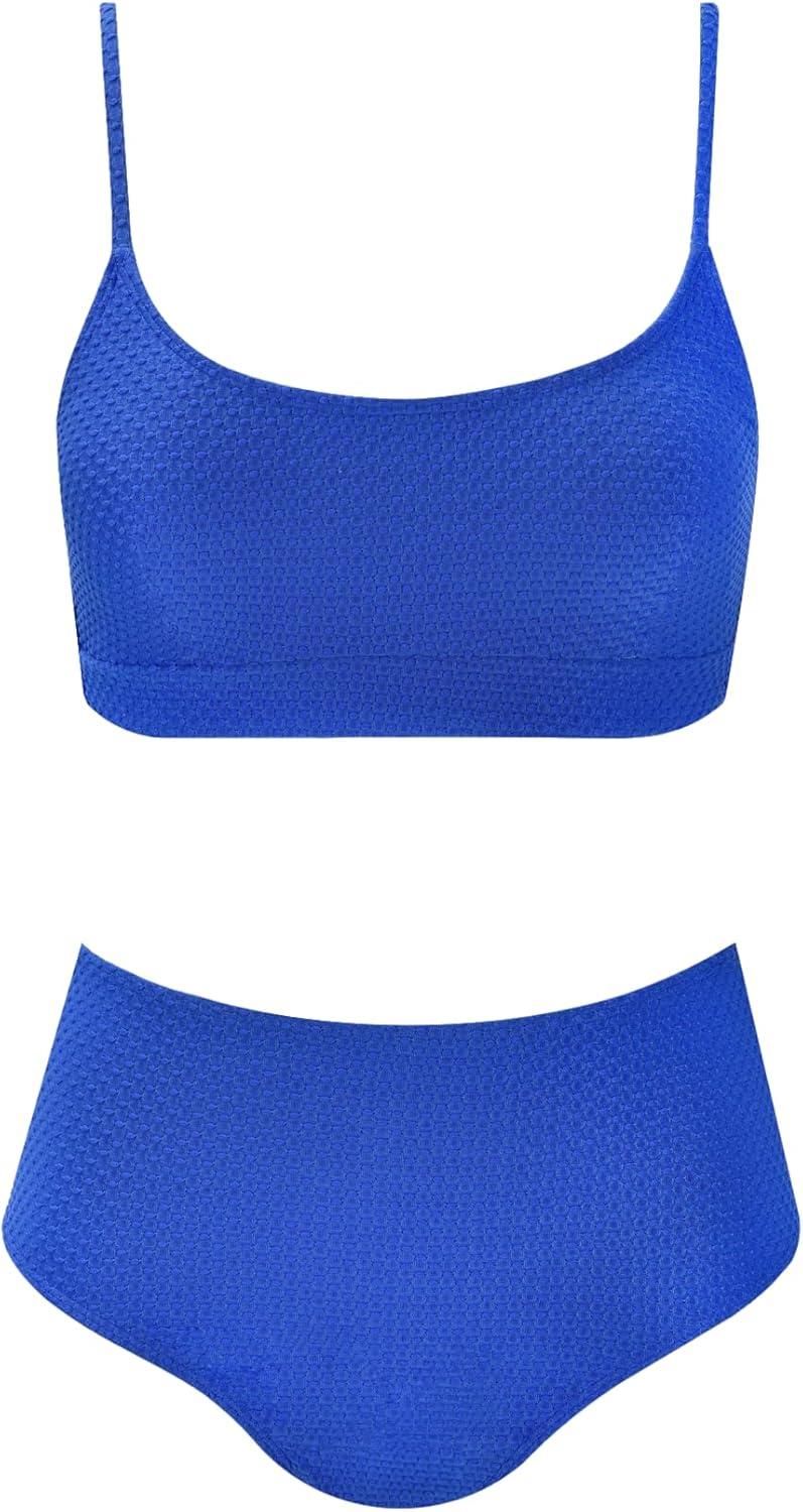 imageCUPSHE Womens Bikini Sets Two Piece Bathing Suit High Waisted Ribbed Texture Widen TrimNavy Blue