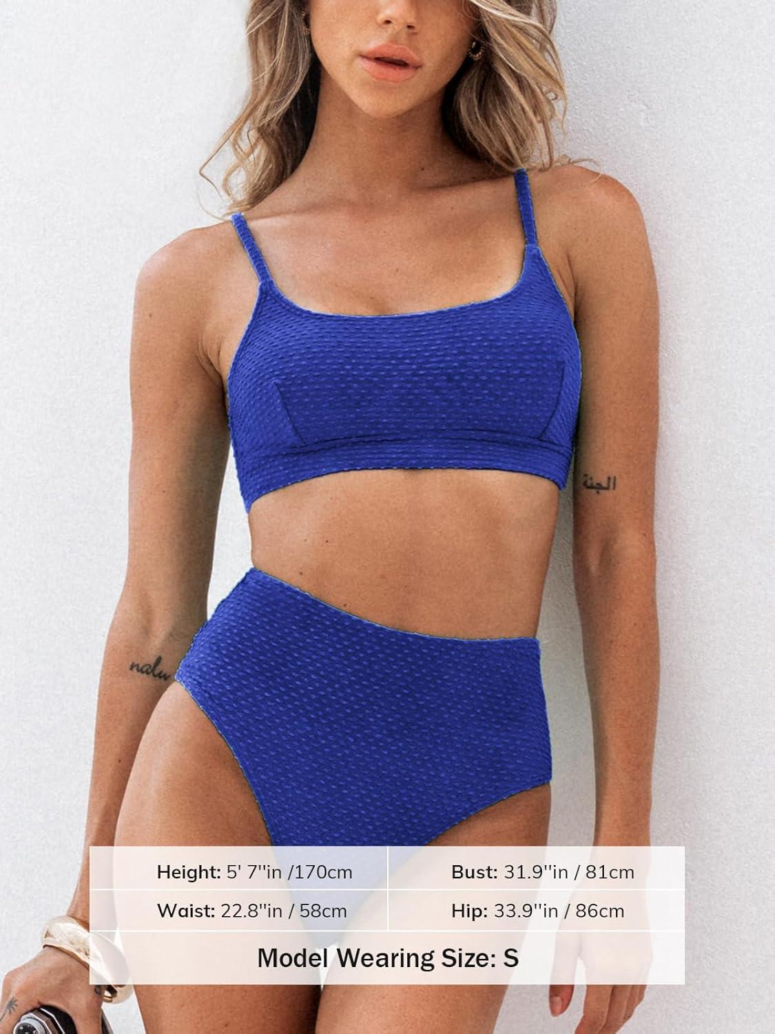 imageCUPSHE Womens Bikini Sets Two Piece Bathing Suit High Waisted Ribbed Texture Widen TrimNavy Blue