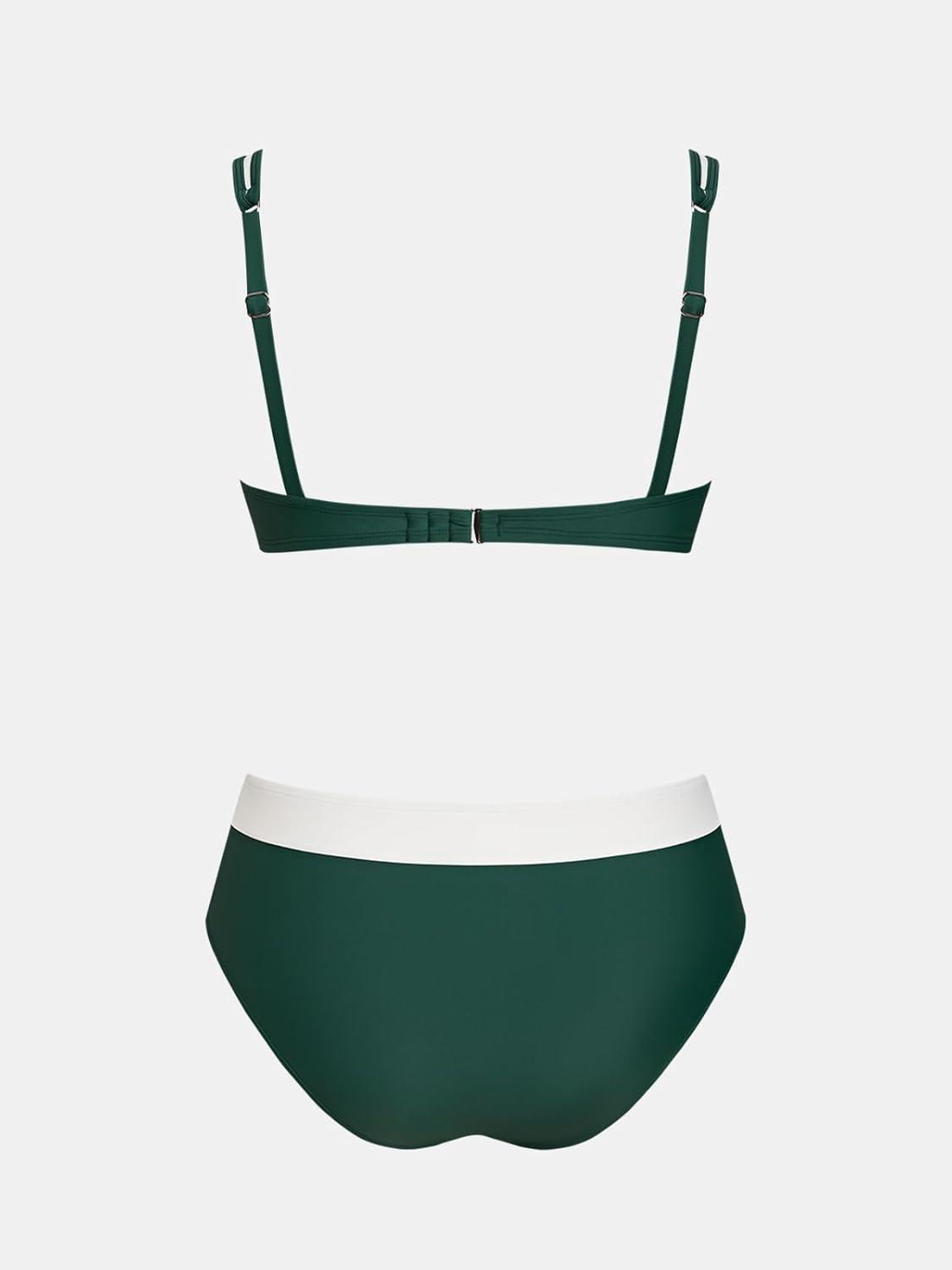 imageCUPSHE Womens Bikini Sets Two Piece Bathing Suit High Waisted Underwire Wide Adjustable Straps Color Block Back HookForest GreenWhite
