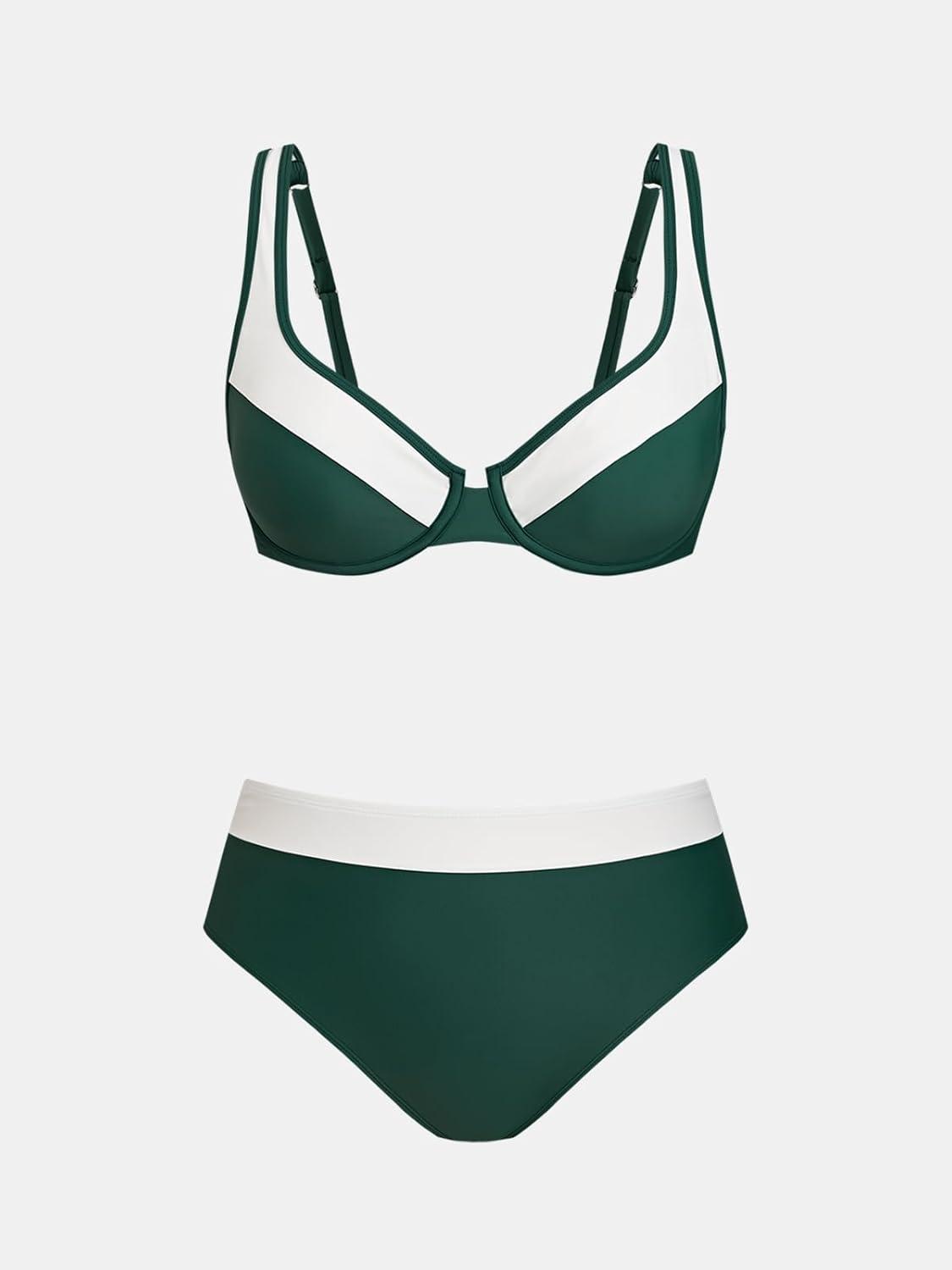 imageCUPSHE Womens Bikini Sets Two Piece Bathing Suit High Waisted Underwire Wide Adjustable Straps Color Block Back HookForest GreenWhite