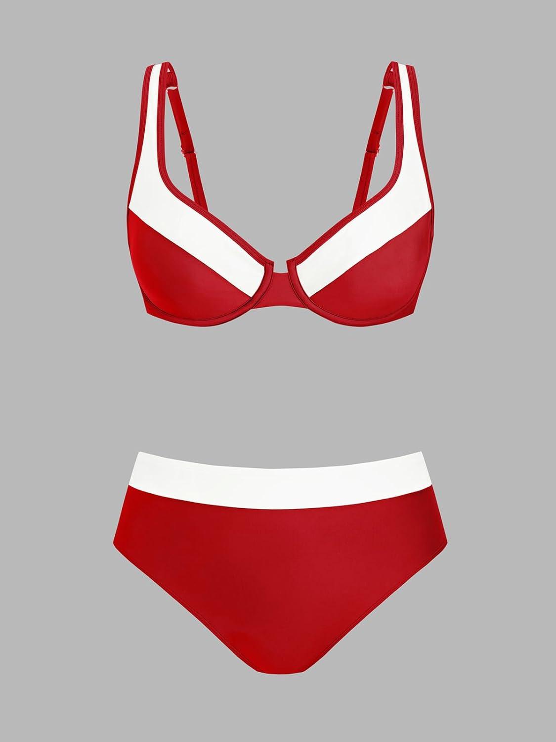 imageCUPSHE Womens Bikini Sets Two Piece Bathing Suit High Waisted Underwire Wide Adjustable Straps Color Block Back HookRedWhite