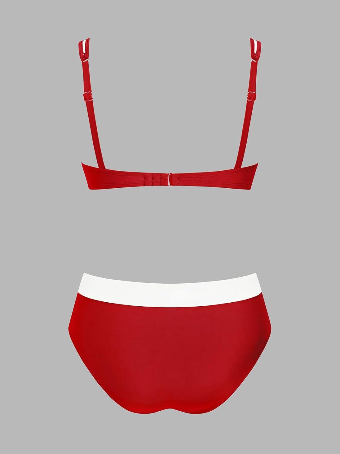imageCUPSHE Womens Bikini Sets Two Piece Bathing Suit High Waisted Underwire Wide Adjustable Straps Color Block Back HookRedWhite
