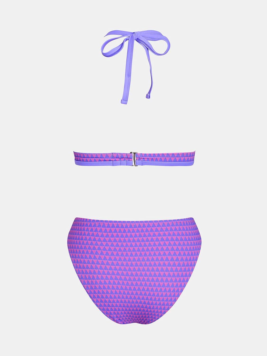 imageCUPSHE Womens Bikini Sets Two Piece Bathing Suit High Waisted V Neck Triangle Halter Back Hook Cheeky High Cut LegPurpleGeometric
