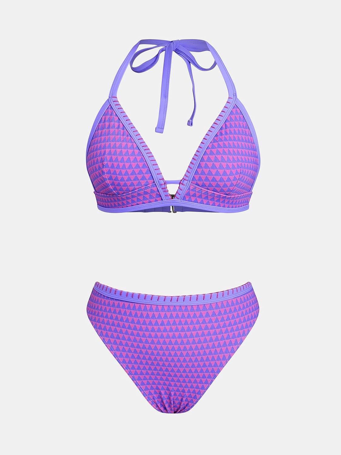 imageCUPSHE Womens Bikini Sets Two Piece Bathing Suit High Waisted V Neck Triangle Halter Back Hook Cheeky High Cut LegPurpleGeometric