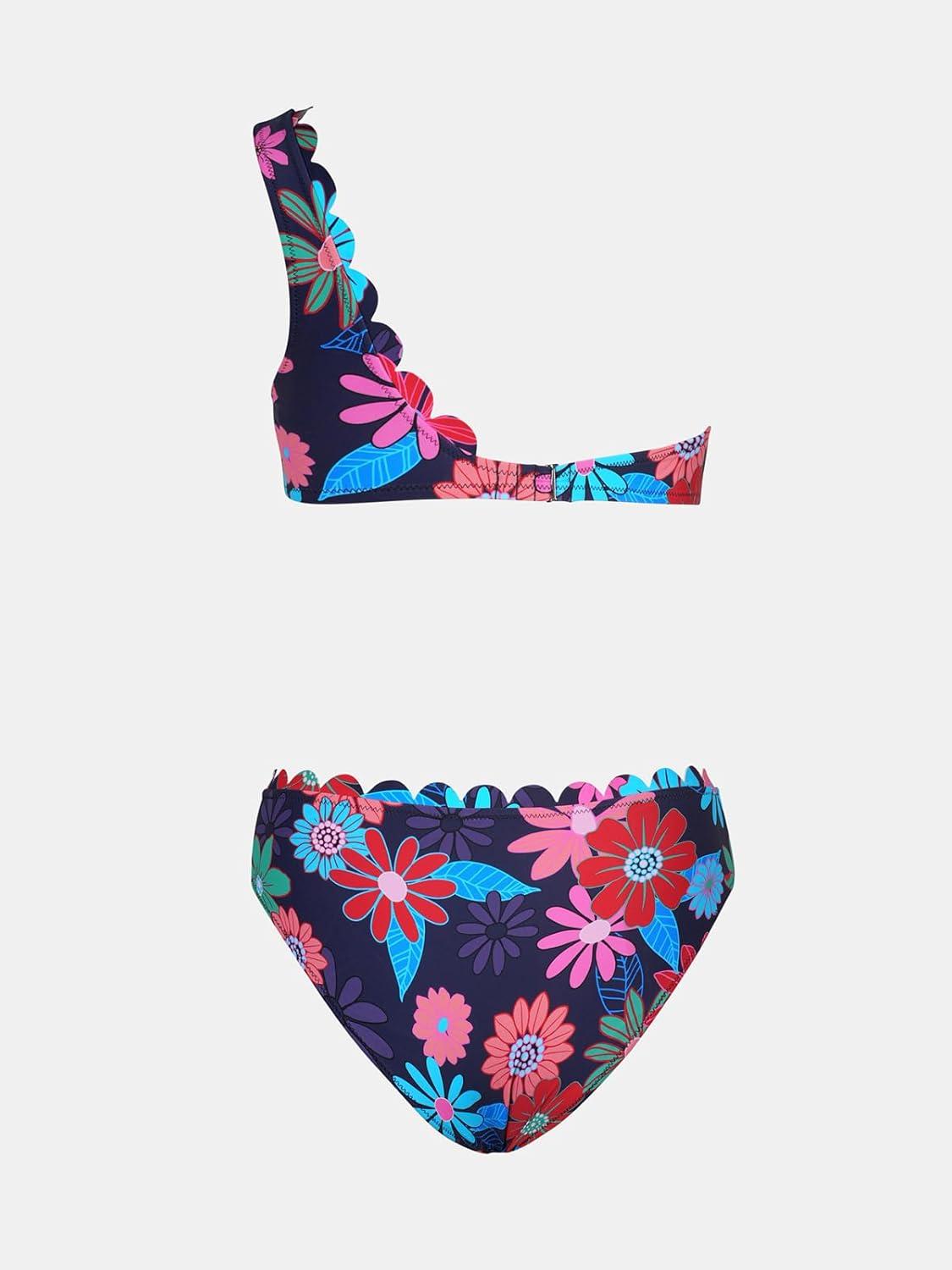 imageCUPSHE Womens Bikini Sets Two Piece Bathing Suit One Shoulder Scalloped Wide Strap Back HookBlackMagentaBlue