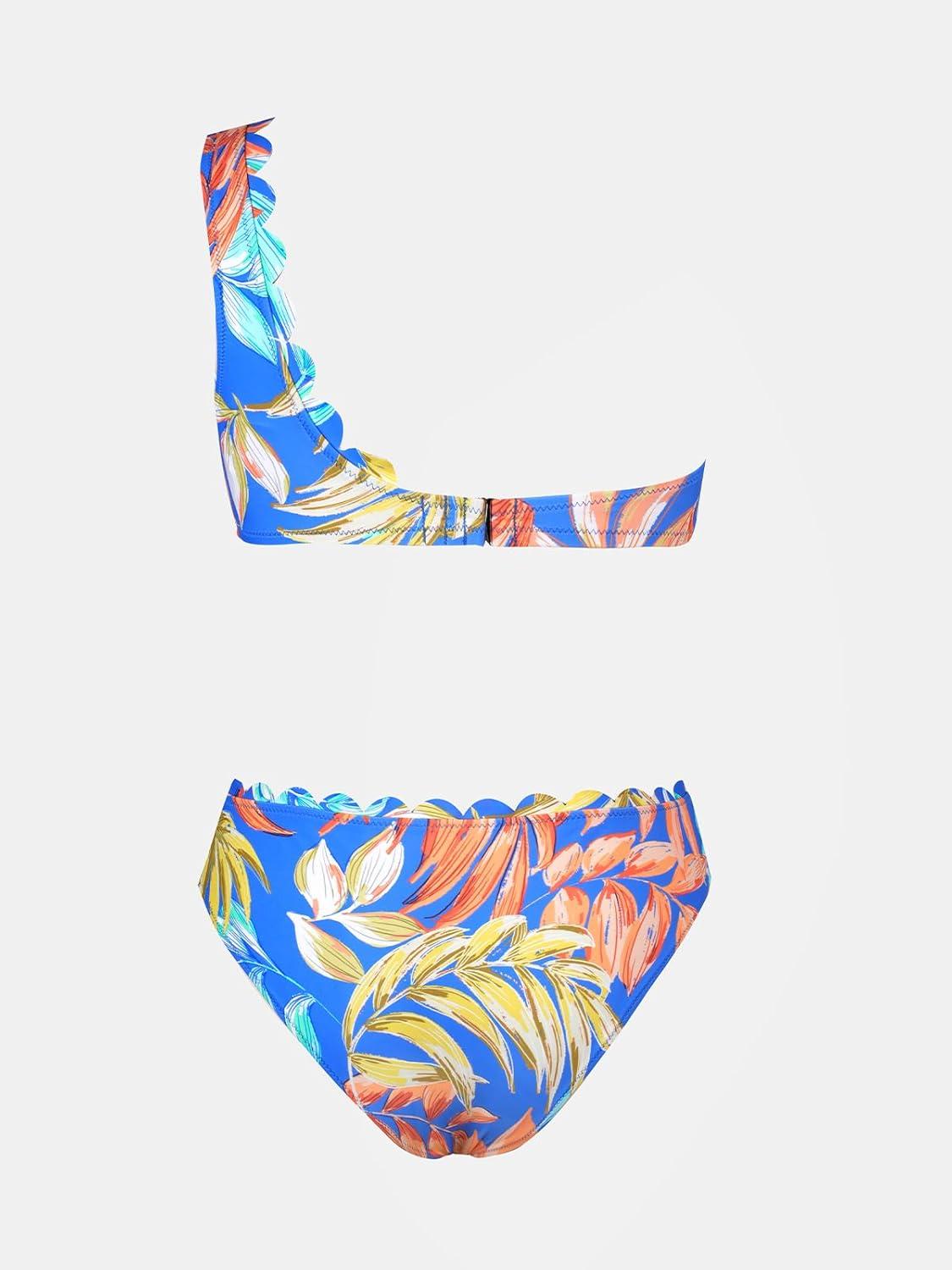 imageCUPSHE Womens Bikini Sets Two Piece Bathing Suit One Shoulder Scalloped Wide Strap Back HookBlueTropical