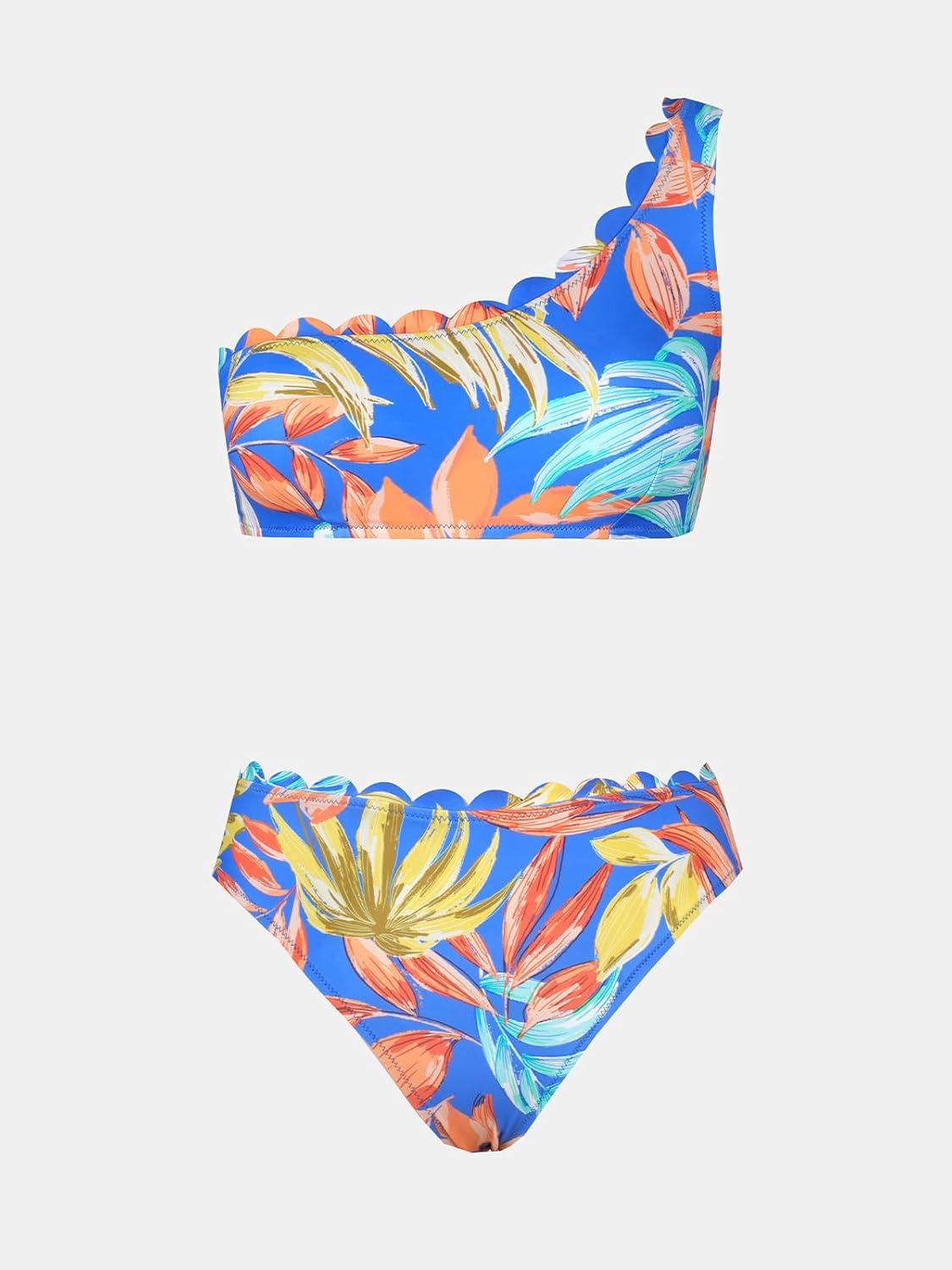 imageCUPSHE Womens Bikini Sets Two Piece Bathing Suit One Shoulder Scalloped Wide Strap Back HookBlueTropical