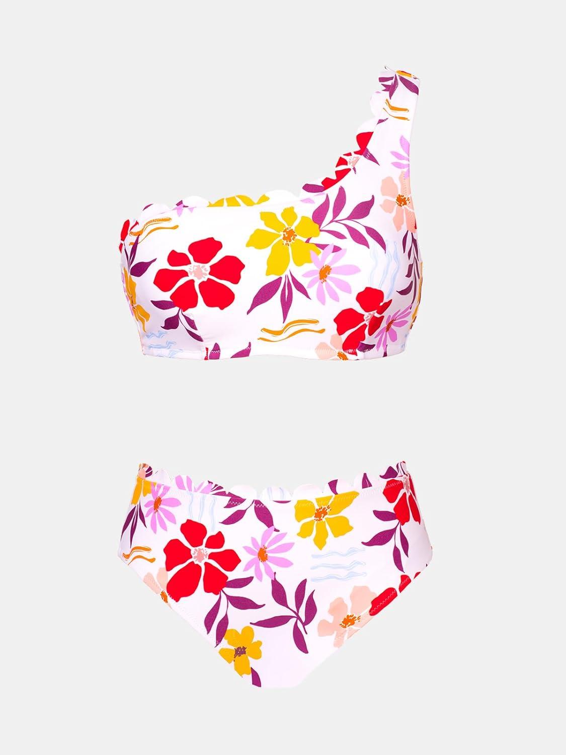 imageCUPSHE Womens Bikini Sets Two Piece Bathing Suit One Shoulder Scalloped Wide Strap Back HookLight PinkFloral