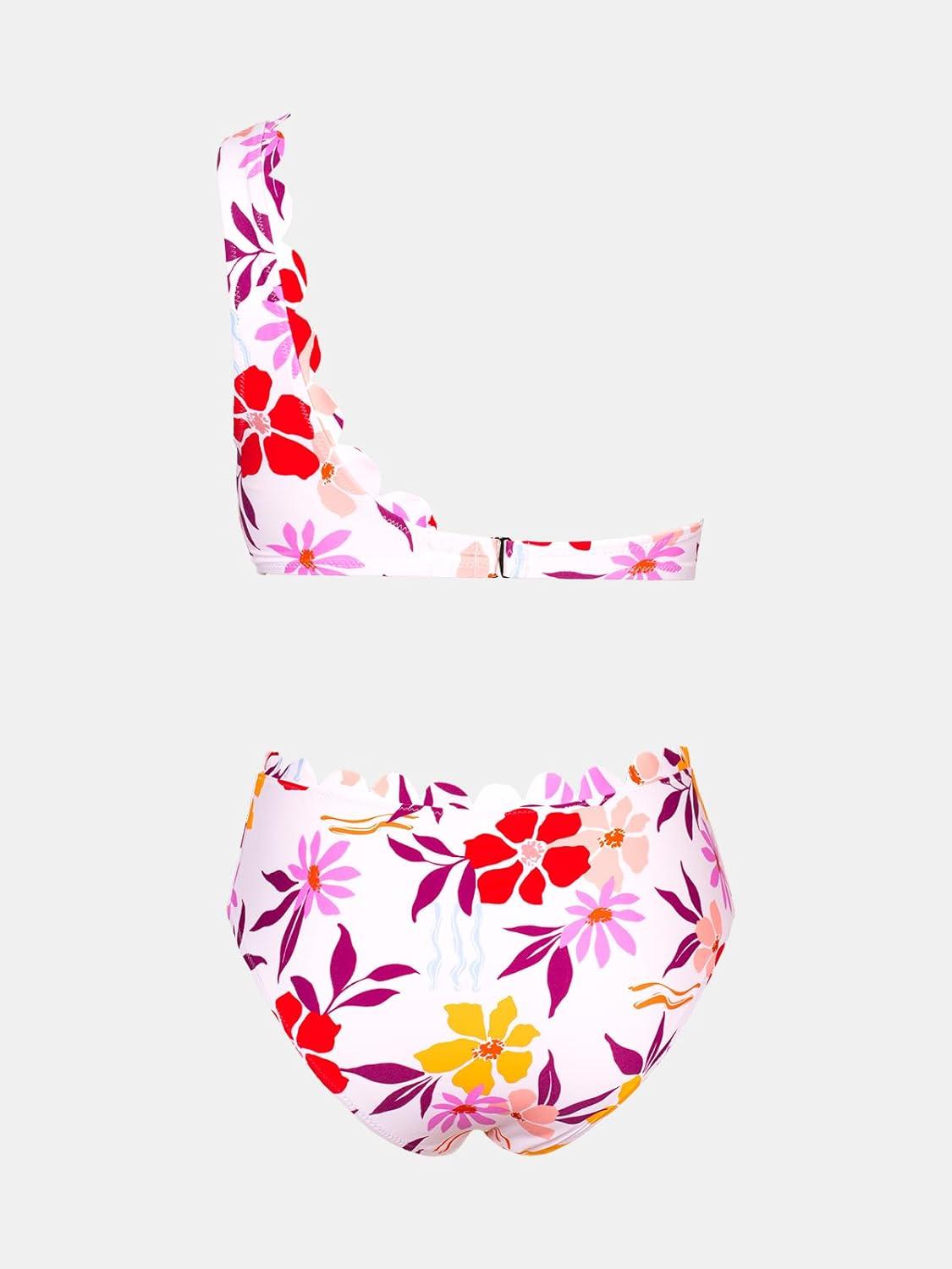 imageCUPSHE Womens Bikini Sets Two Piece Bathing Suit One Shoulder Scalloped Wide Strap Back HookLight PinkFloral