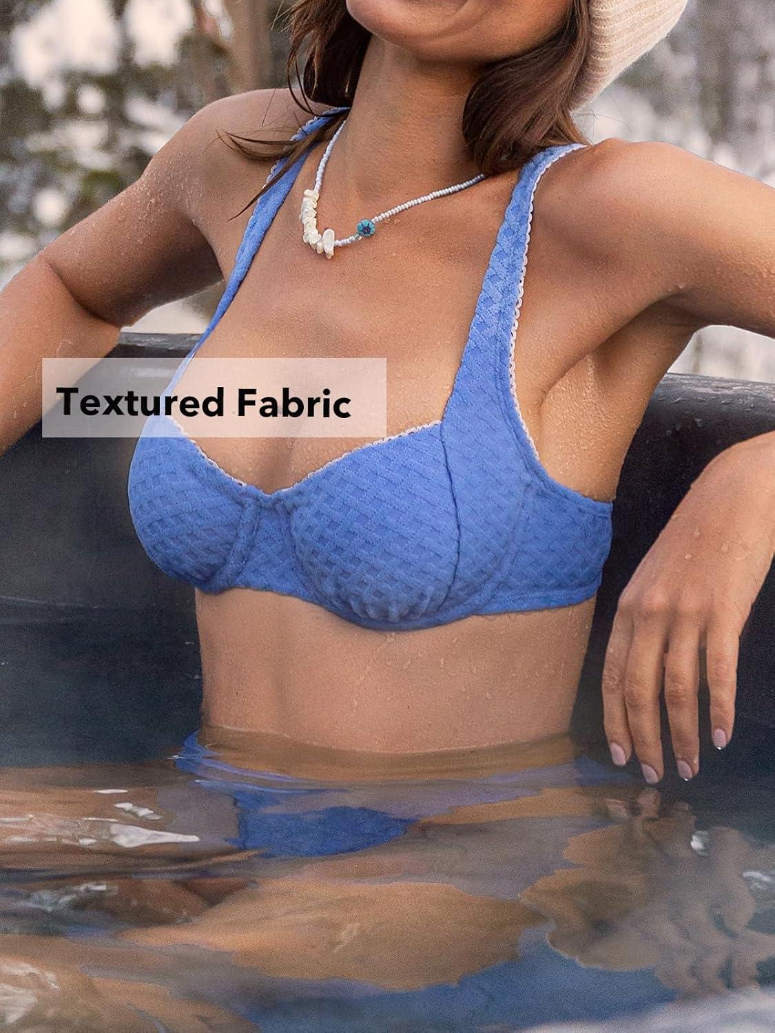 imageCUPSHE Womens Bikini Sets Two Piece Swimsuit High Waisted Underwire Push Up Bathing Suits Back Hook TexturedIce Blue