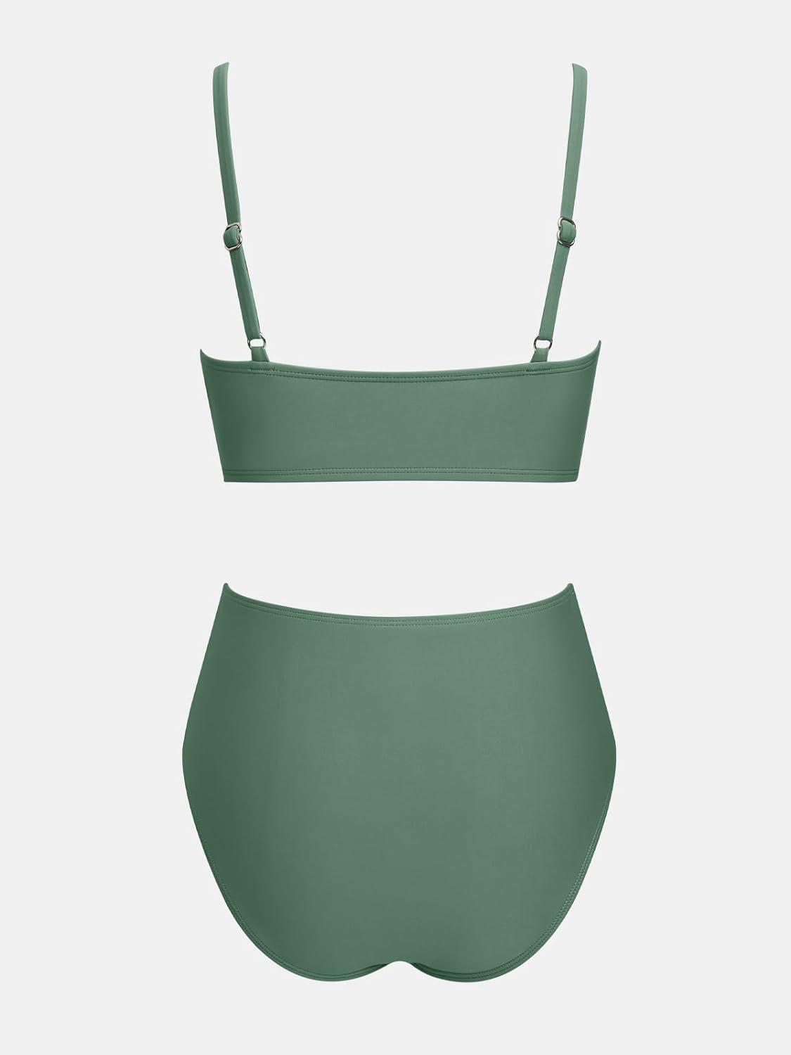 imageCUPSHE Womens Bikini Sets Two Piece Swimsuit High Waisted V Neck Twist Front Adjustable Spaghetti Straps Bathing SuitArmy Green
