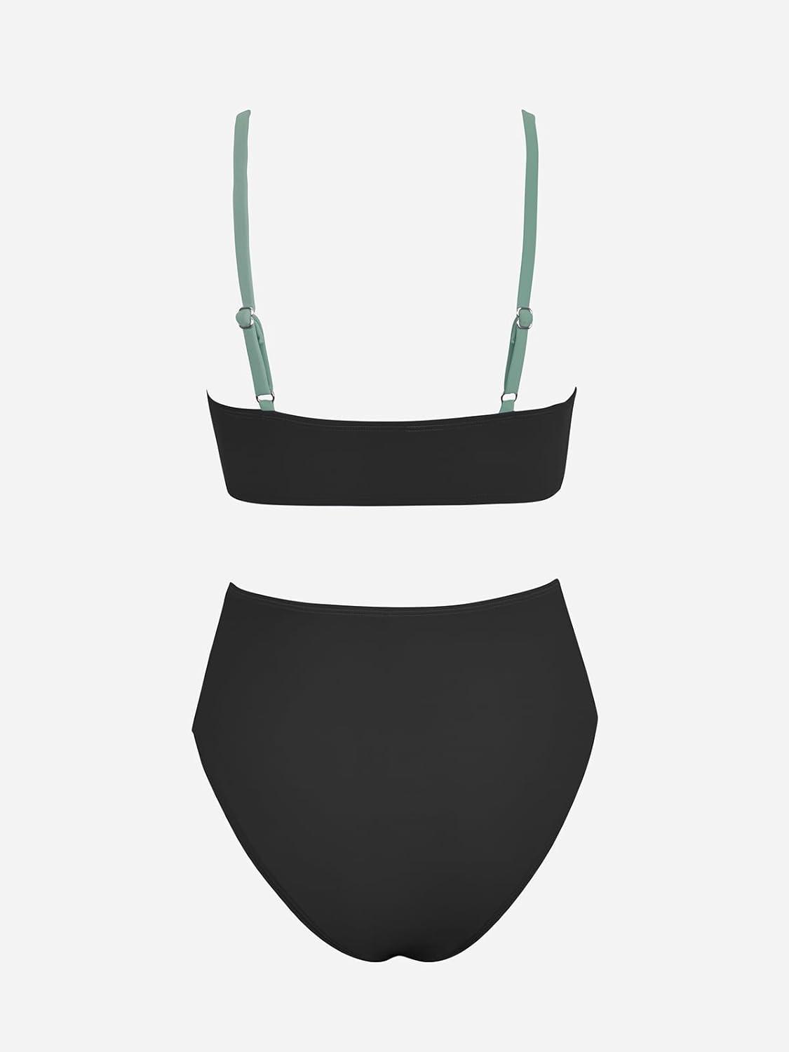 imageCUPSHE Womens Bikini Sets Two Piece Swimsuit High Waisted V Neck Twist Front Adjustable Spaghetti Straps Bathing SuitBlackGreen