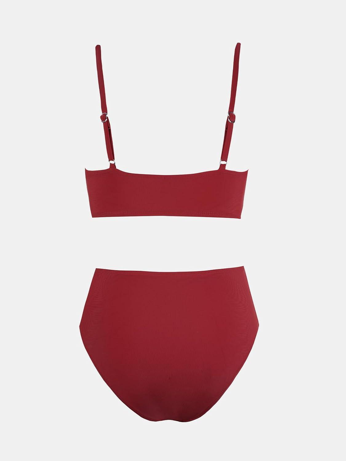 imageCUPSHE Womens Bikini Sets Two Piece Swimsuit High Waisted V Neck Twist Front Adjustable Spaghetti Straps Bathing SuitBurgundyBrick Red