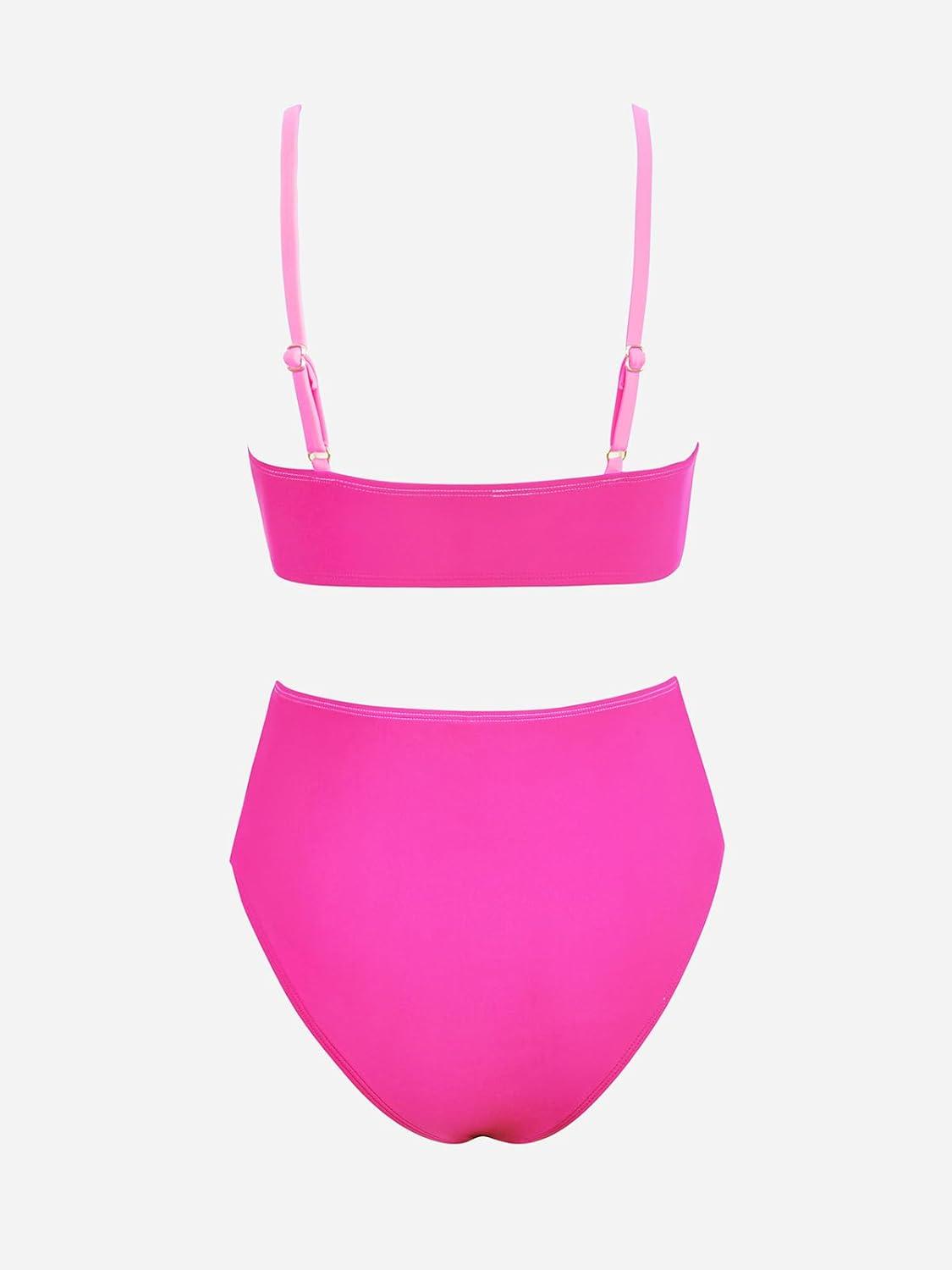 imageCUPSHE Womens Bikini Sets Two Piece Swimsuit High Waisted V Neck Twist Front Adjustable Spaghetti Straps Bathing SuitMagentaPink