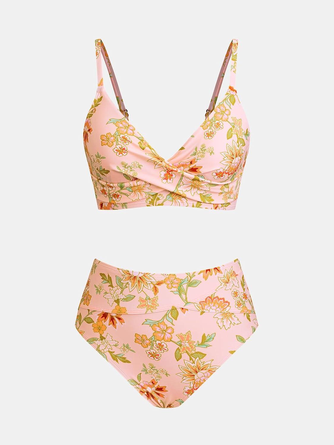 imageCUPSHE Womens Bikini Sets Two Piece Swimsuit High Waisted V Neck Twist Front Adjustable Spaghetti Straps Bathing SuitPeach Pink Floral