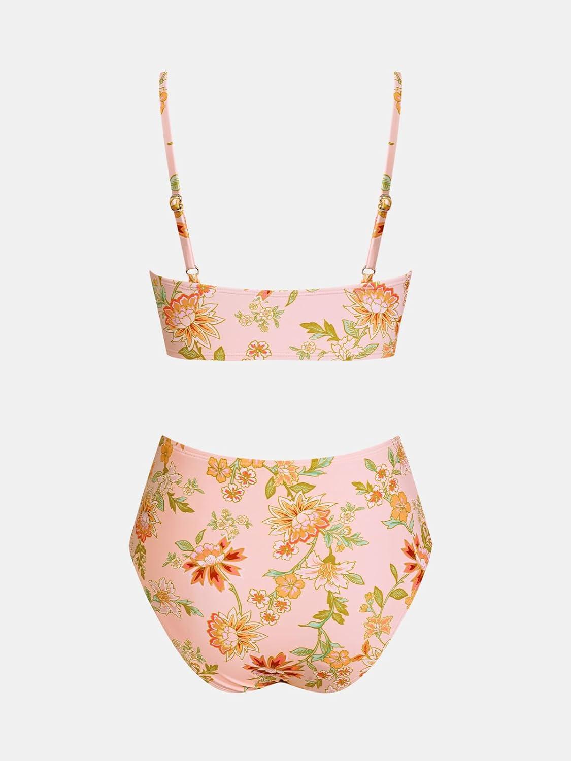 imageCUPSHE Womens Bikini Sets Two Piece Swimsuit High Waisted V Neck Twist Front Adjustable Spaghetti Straps Bathing SuitPeach Pink Floral