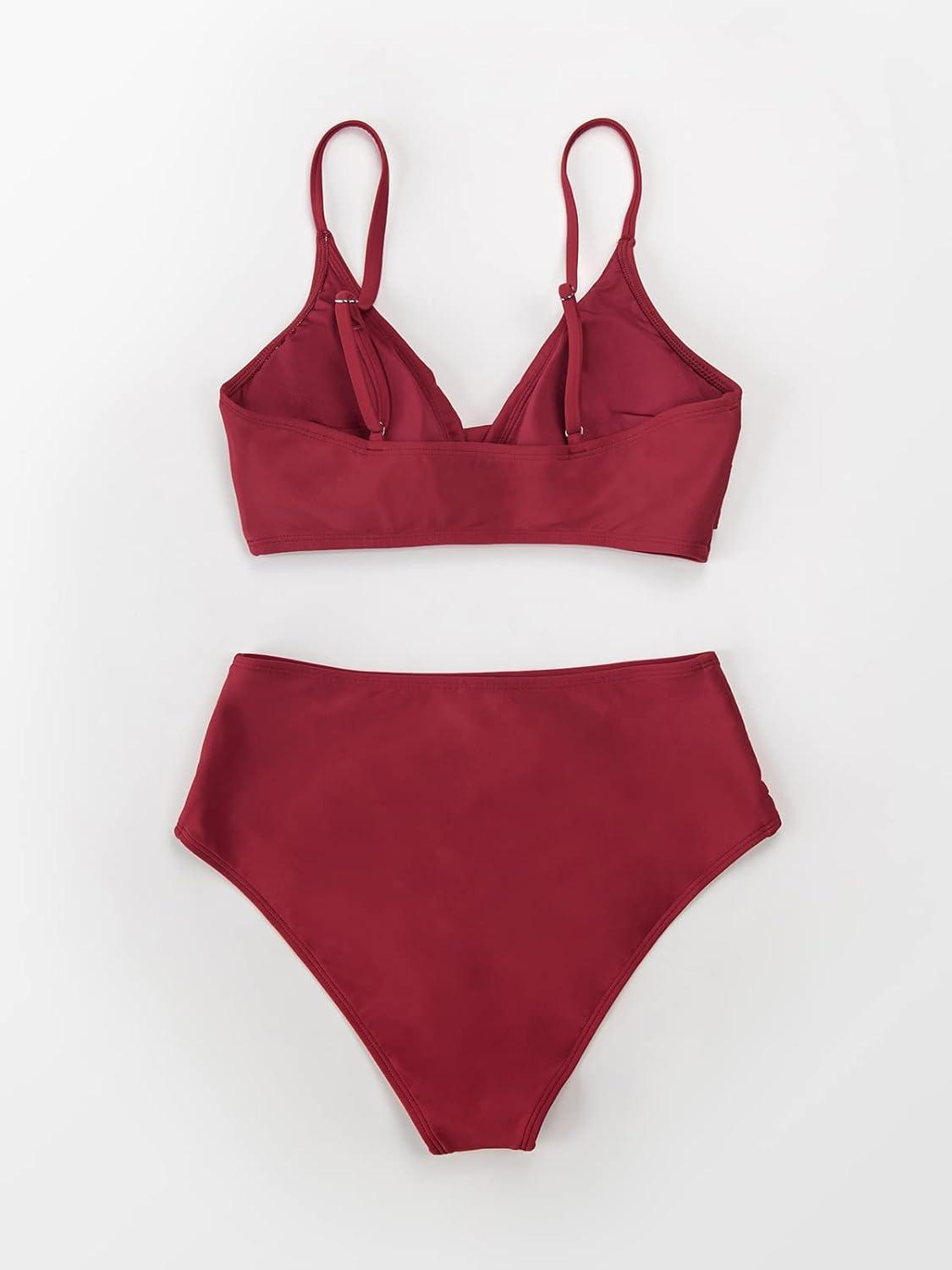 imageCUPSHE Womens Bikini Sets Two Piece Swimsuit High Waisted V Neck Twist Front Adjustable Spaghetti Straps Bathing SuitRed Wine