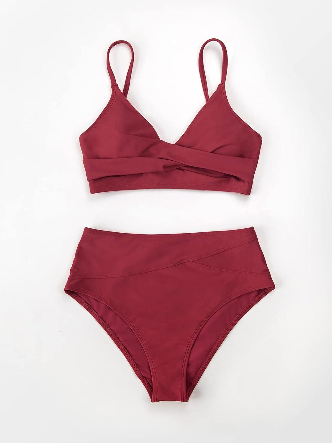imageCUPSHE Womens Bikini Sets Two Piece Swimsuit High Waisted V Neck Twist Front Adjustable Spaghetti Straps Bathing SuitRed Wine