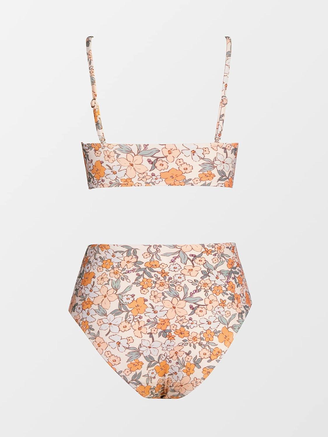 imageCUPSHE Womens Bikini Sets Two Piece Swimsuit High Waisted V Neck Twist Front Adjustable Spaghetti Straps Bathing SuitYellow Floral