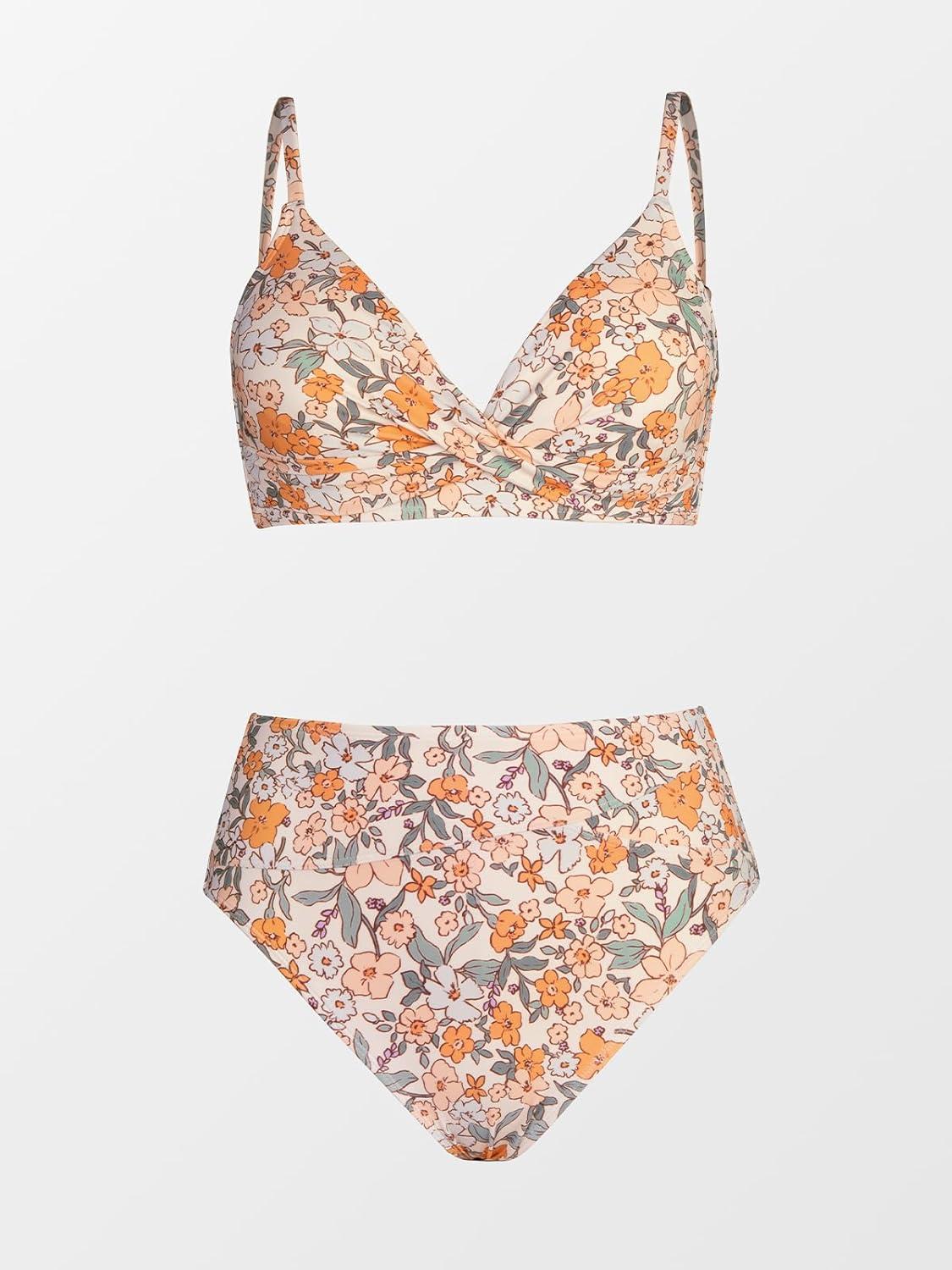 imageCUPSHE Womens Bikini Sets Two Piece Swimsuit High Waisted V Neck Twist Front Adjustable Spaghetti Straps Bathing SuitYellow Floral