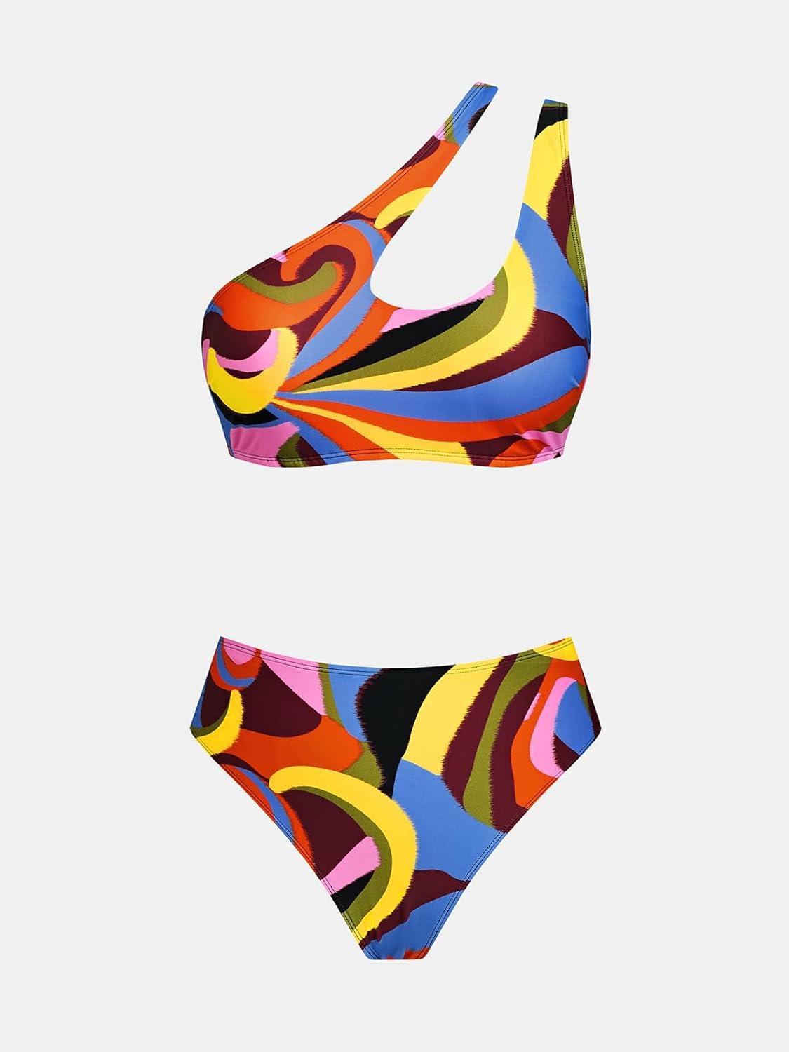imageCUPSHE Womens Bikini Sets Two Piece Swimsuit One Shoulder High Waisted Asymmetrical Cutout Back Hook Adjustable StrapsRetro Swirl