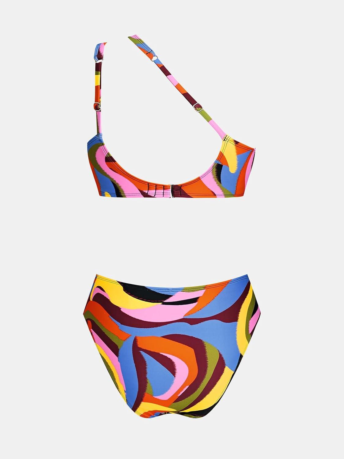 imageCUPSHE Womens Bikini Sets Two Piece Swimsuit One Shoulder High Waisted Asymmetrical Cutout Back Hook Adjustable StrapsRetro Swirl