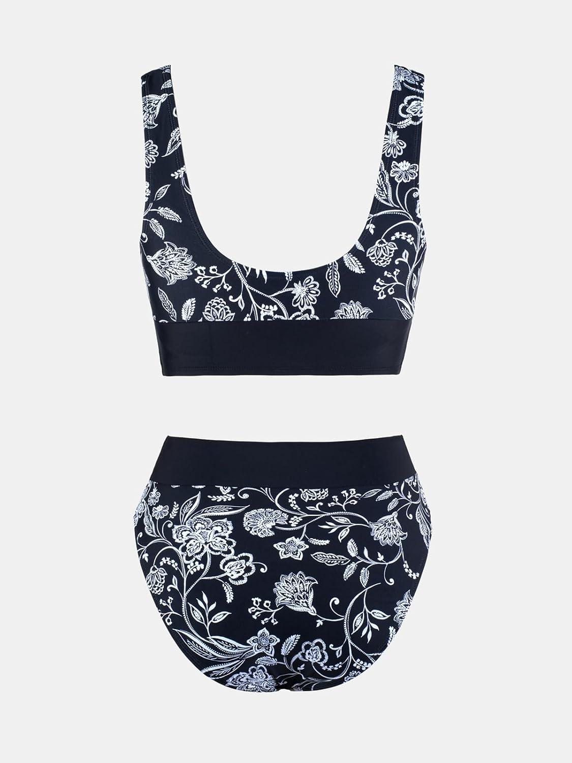 imageCUPSHE Womens Bikini Sets Two Piece Swimsuit Scoop Neck Tank Wide Straps Midkini StitchingBlackWhite
