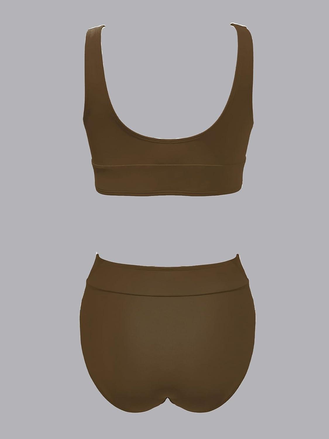 imageCUPSHE Womens Bikini Sets Two Piece Swimsuit Scoop Neck Tank Wide Straps Midkini StitchingBrownWhite