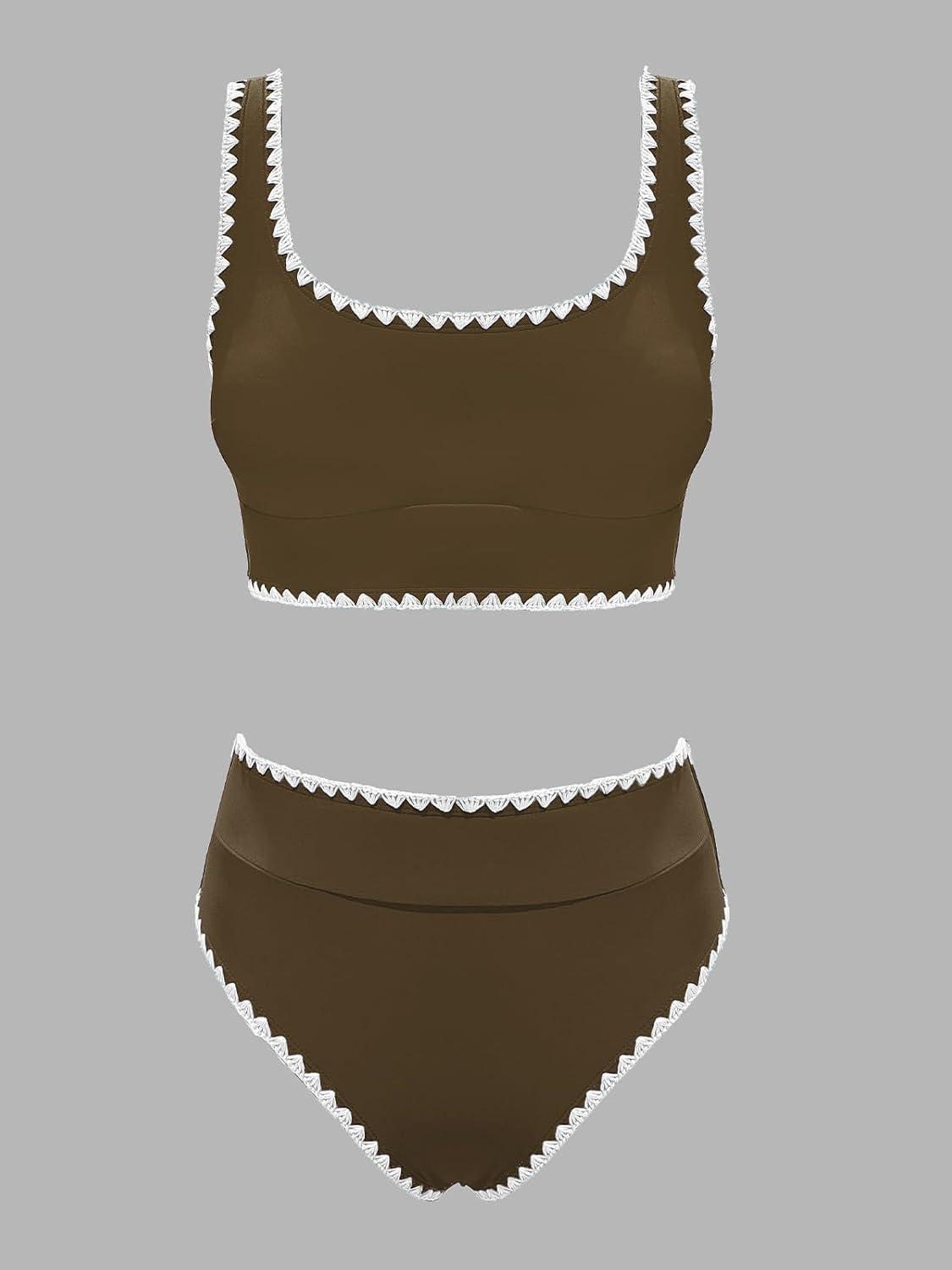 imageCUPSHE Womens Bikini Sets Two Piece Swimsuit Scoop Neck Tank Wide Straps Midkini StitchingBrownWhite