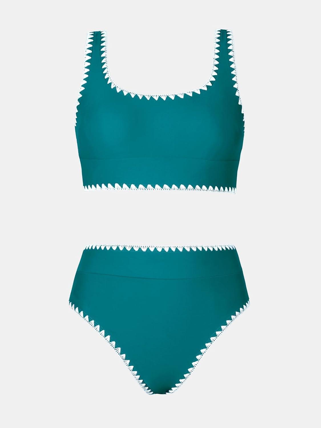 imageCUPSHE Womens Bikini Sets Two Piece Swimsuit Scoop Neck Tank Wide Straps Midkini StitchingTeal Blue